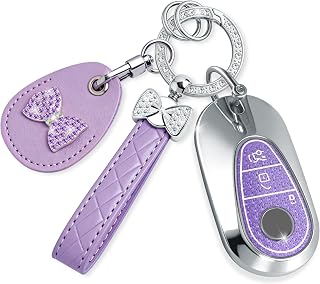 Key Fob Cover with Leather Holder Compatible with Airtag/RFID,Compatible with Mercedes Benz S-Class G-Class E-Class EQE EQS 2020-2025,RFID Protector,Car Key Accessories(3-Button, Purple)