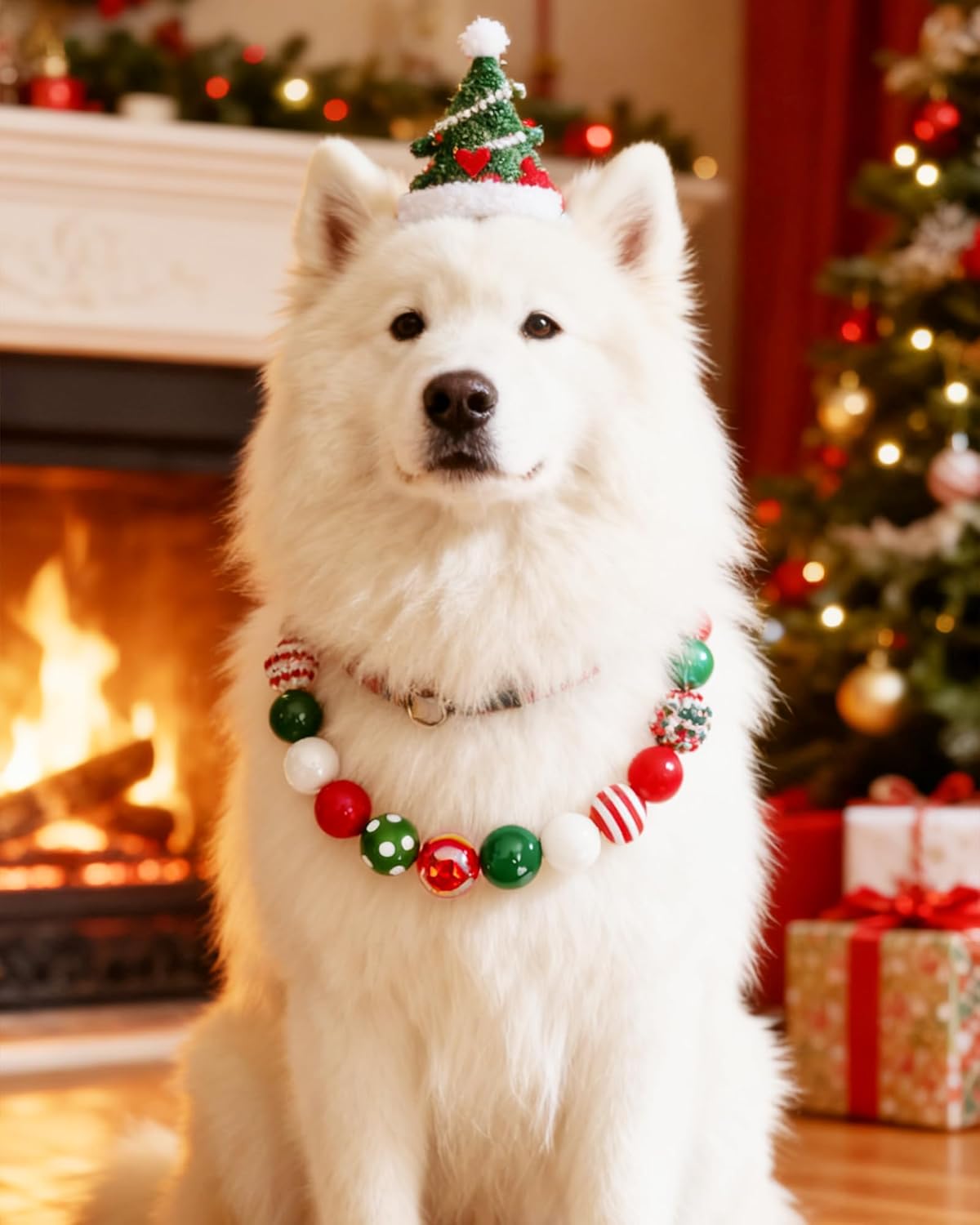 KUDES Christmas Bubblegum Dog Collar Necklace, (Beads 20mm) Classic Red & Green Chunky Pearl Collar with Adjustable Chian for Christmas Photos & Holiday Parties Medium Large Dogs(2XL(20.5"-22.0"))