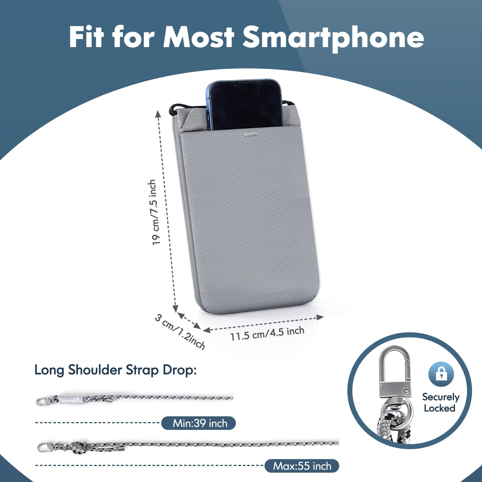 SIMTOP PochetteTour de Cou étanche Avec Protection RFID Pour Homme et Femme,Pochette Pour Smartphone,Téléphone Portable Avec Tour de Cou Pour Passeport,Pièces de Voyage Sac Léger Gris Clair