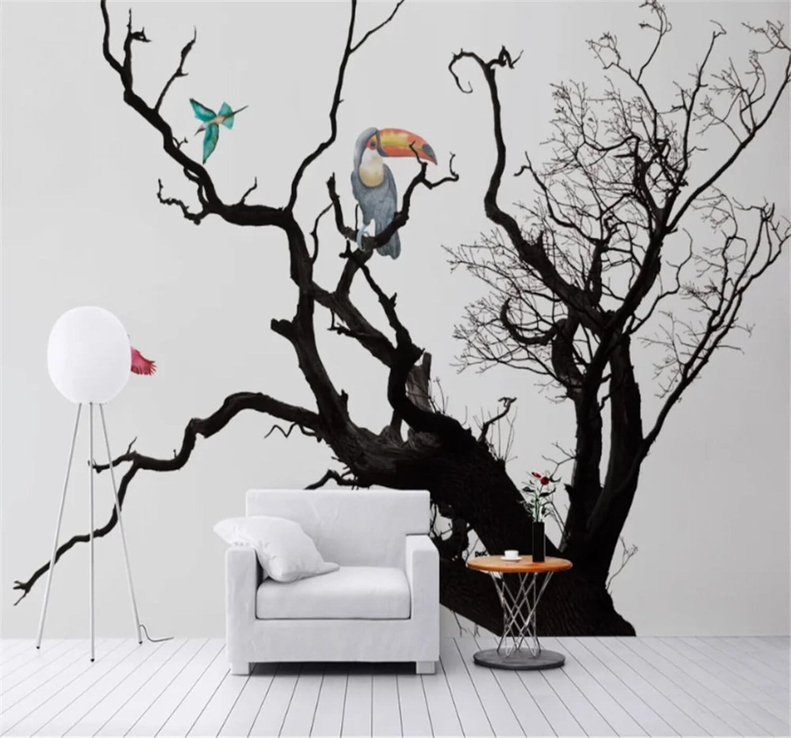 Tzxztt Black and White Atmospheric Large Trees Birds in Flight Parrots Modern 3D Wallpaper Premium Textured Silk Neutral Tones Material Ideal for Living Room Bedroom-430cm×300cm