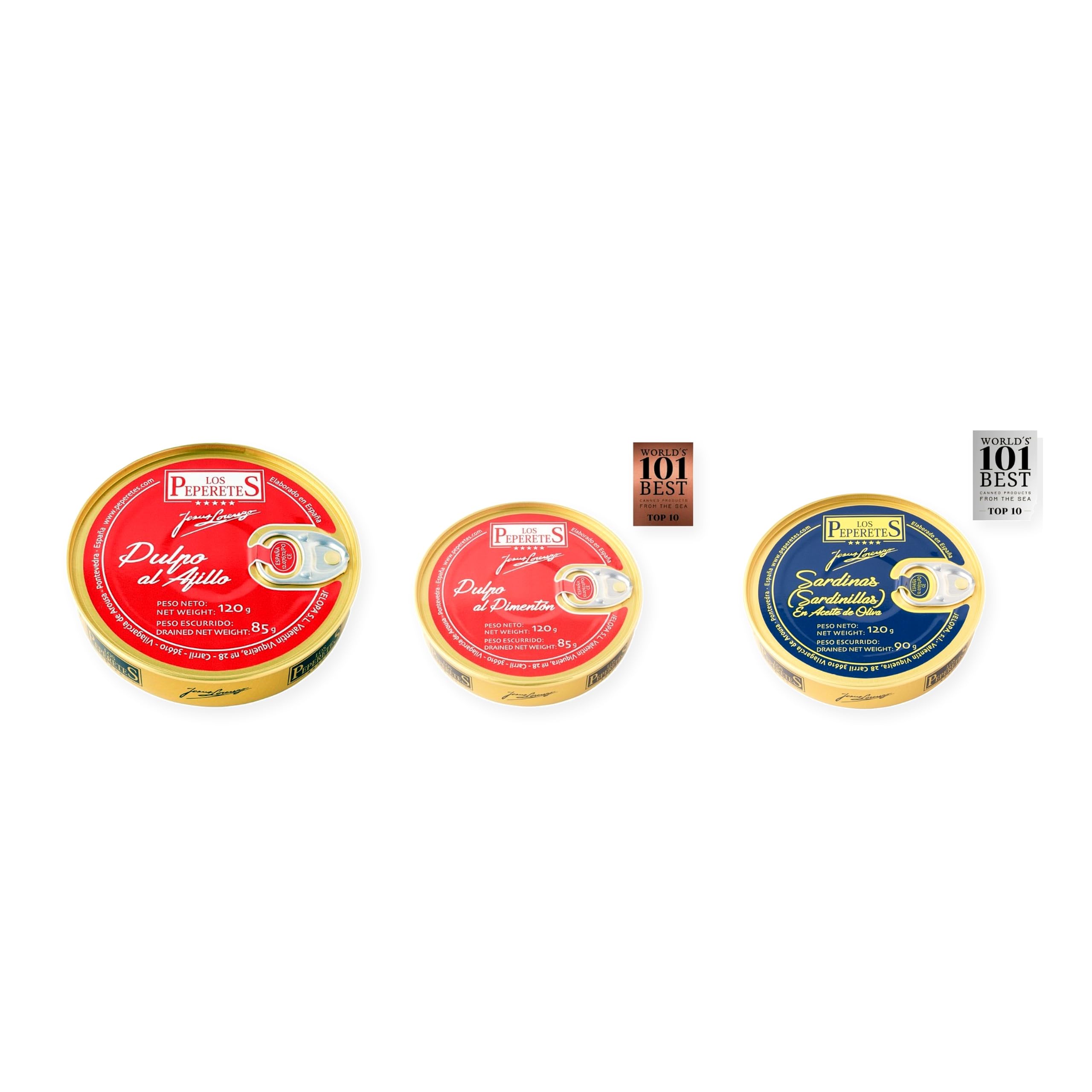 los peperetes conservas Pulpo Ajillo, Pulpo Pimentón y Sardinillas Aceite Oliva pack 3 latas