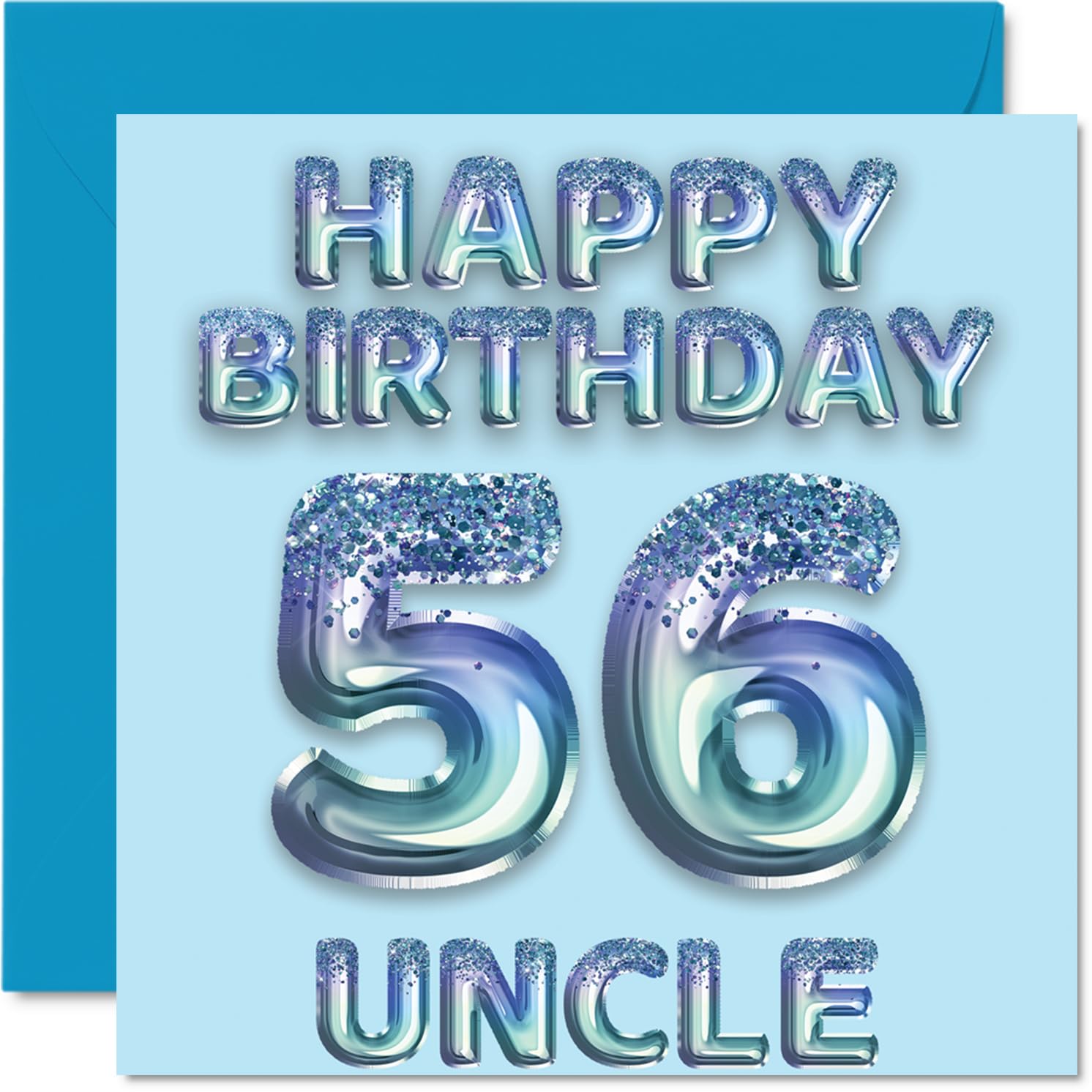 56th Birthday Card for Uncle, Blue Glitter Party Balloons