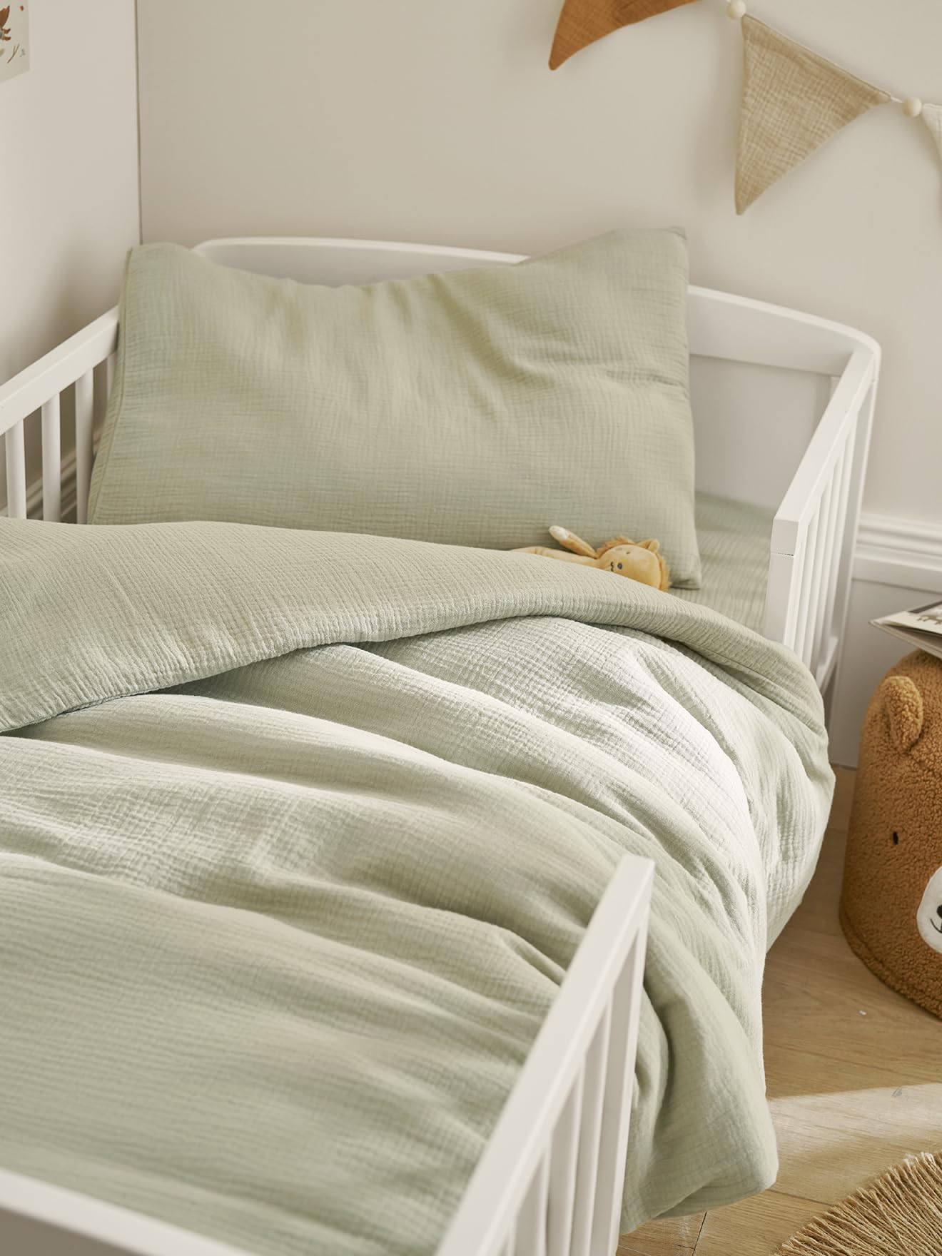 VERTBAUDET Parure bébé Housse de Couette + taie d'oreiller Unie en Gaze de Coton Bio* Vert Sauge 80X120 40X60