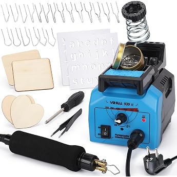 YIHUA 939-II Pyrography Pen Soldering Iron Set Wood Engraving Craft Set with Adjustable Temperature Wood Burner Pen Soft Grip Wood Burning Pen 20 Wire Springs 4 Wooden Pieces for Wood EU Plug
