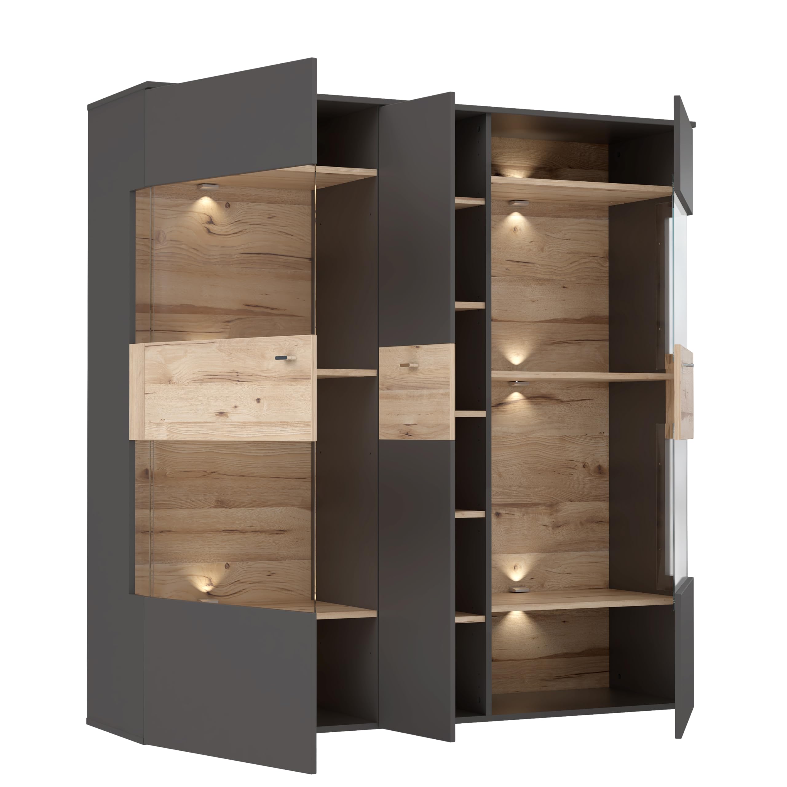 FORTE Como Highboardvitrine mit 1Tür und 2 Glastüren, Holzwerkstoff, Uni Wolfram Grau Kombiniert mit Planked Eiche, 149,8 x 152,1 x 41,3 cm