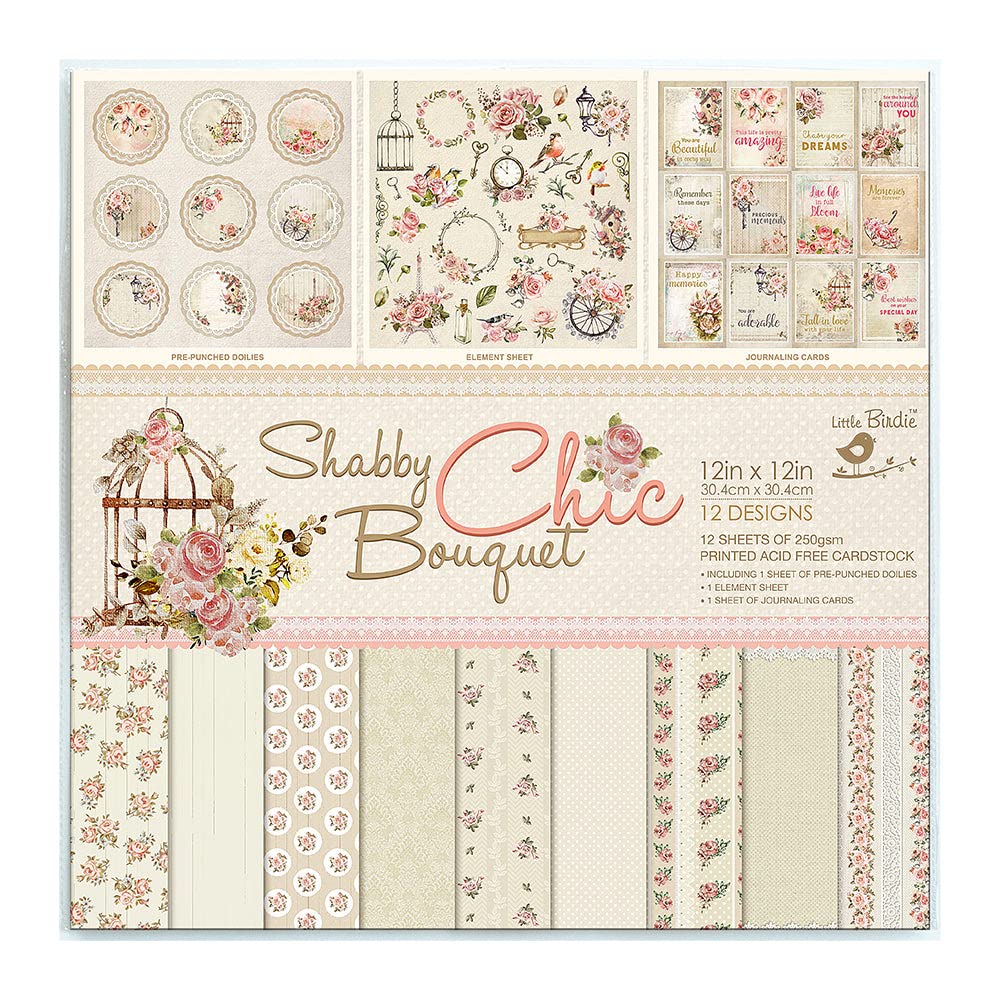 Little Birdie Itsy Bitsy Paper Pack Shabby Chic Bouquet, 12 Sheet, 12 Designs, 250gsm (12x12 in)