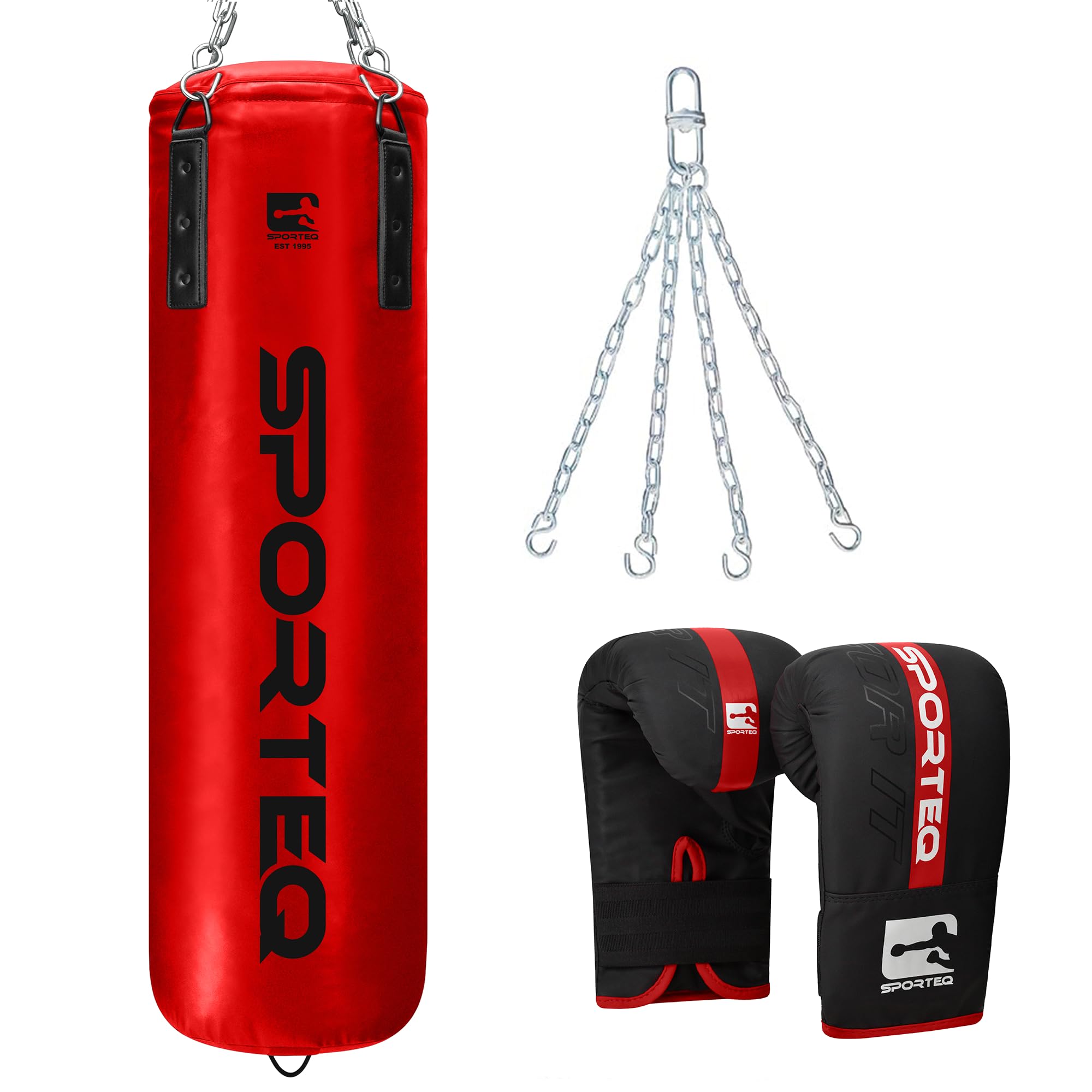 Sporteq Dyno Heavy Boxing Filled Punching Bag 3FT, 4FT & 5FT for All Ages & Genders | Martial Arts Kickboxing Muay Thai Karate | Home & Commercial Gym Use (Red, 5FT)
