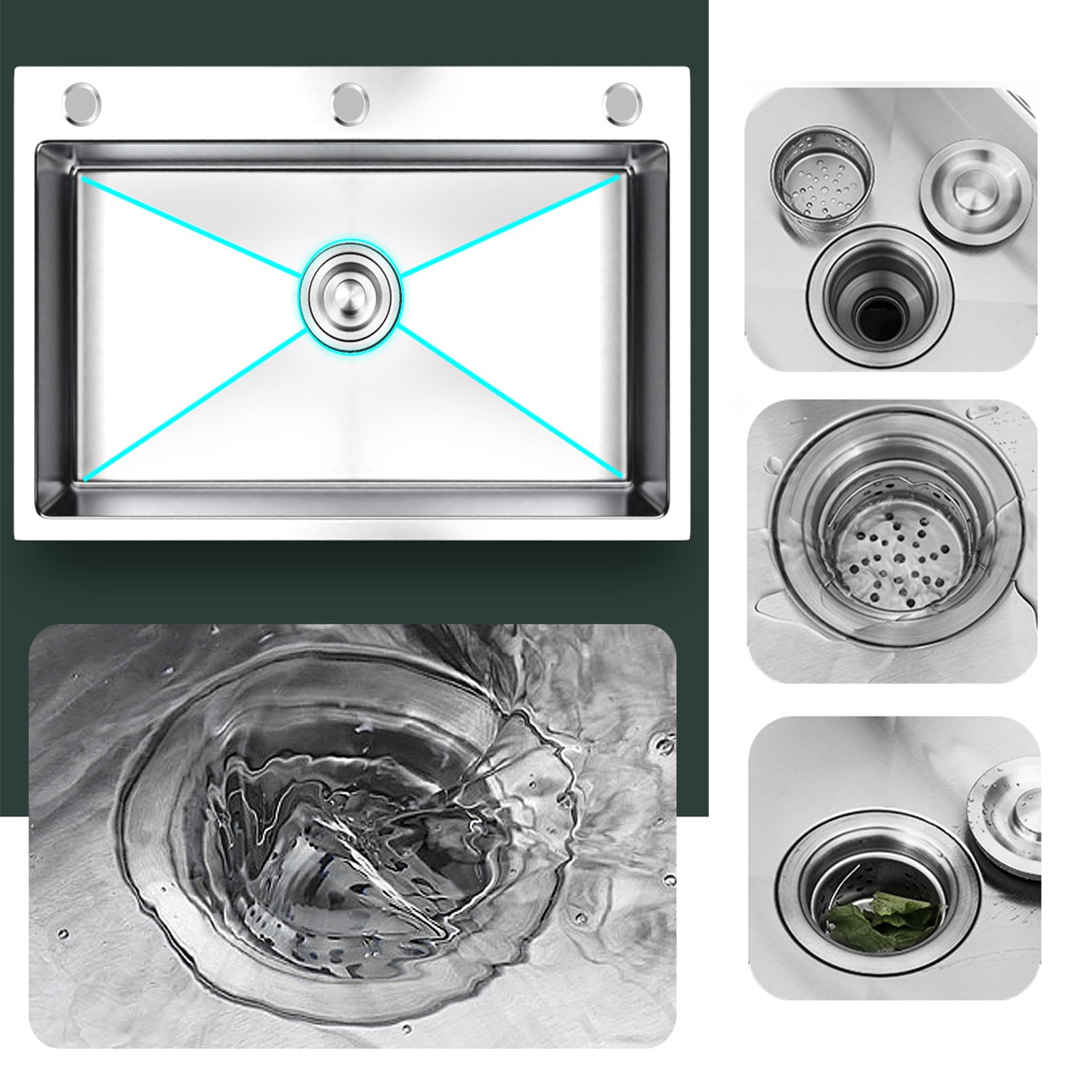 Lavello da Cucina,lavello Cucina Incasso in Acciaio Inox Quadrato a Vasca Singola Profonda,Essenziale con Rubinetto Estraibile,sottotop o appoggio per ripostigli,cucine,Bar (65x45c