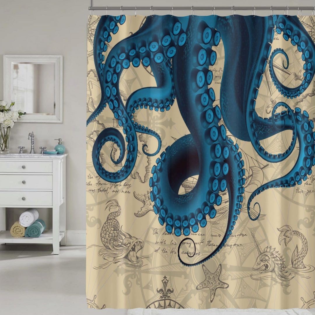 Amazon.com: COSEVIER Nautical Octopus Shower Curtain, Vintage Funny ...