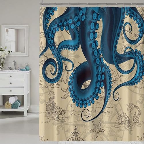 COSEVIER Nautical Octopus Shower Curtain, Vintage Funny Ocean Shower Curtains fo