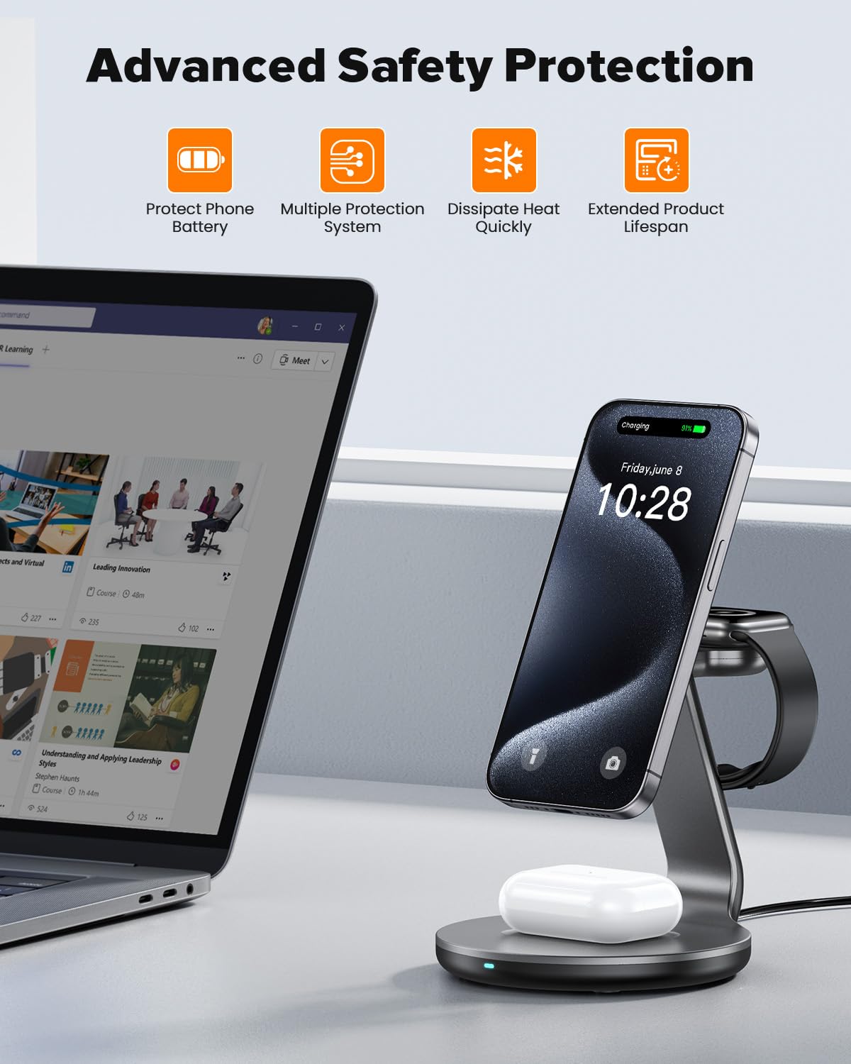 HERRBOL Caricabatterie wireless 3 in 1, stazione di ricarica wireless per iPhone15 14 13 12 11/ Pro/XS/XR/X/SE/8/8 Plus, supporto di ricarica wireless compatibile con Apple Watch