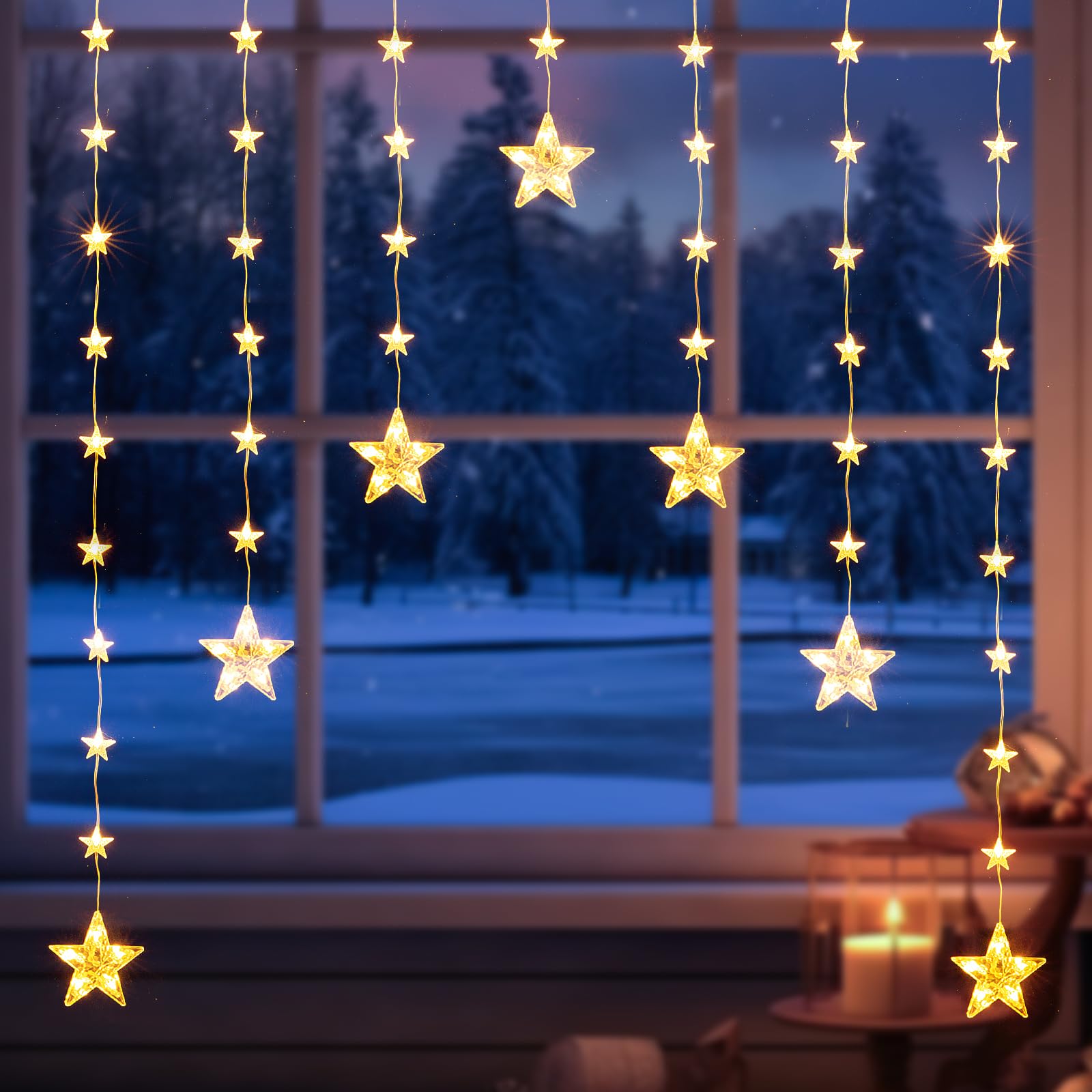 Marchpower 46 Stars Curtain Lights, Battery Operated Christmas Star Window Lights - Warm White with Timer & Memory Function & 8 Modes, IP65 Waterproof for Indoor Window Decoration
