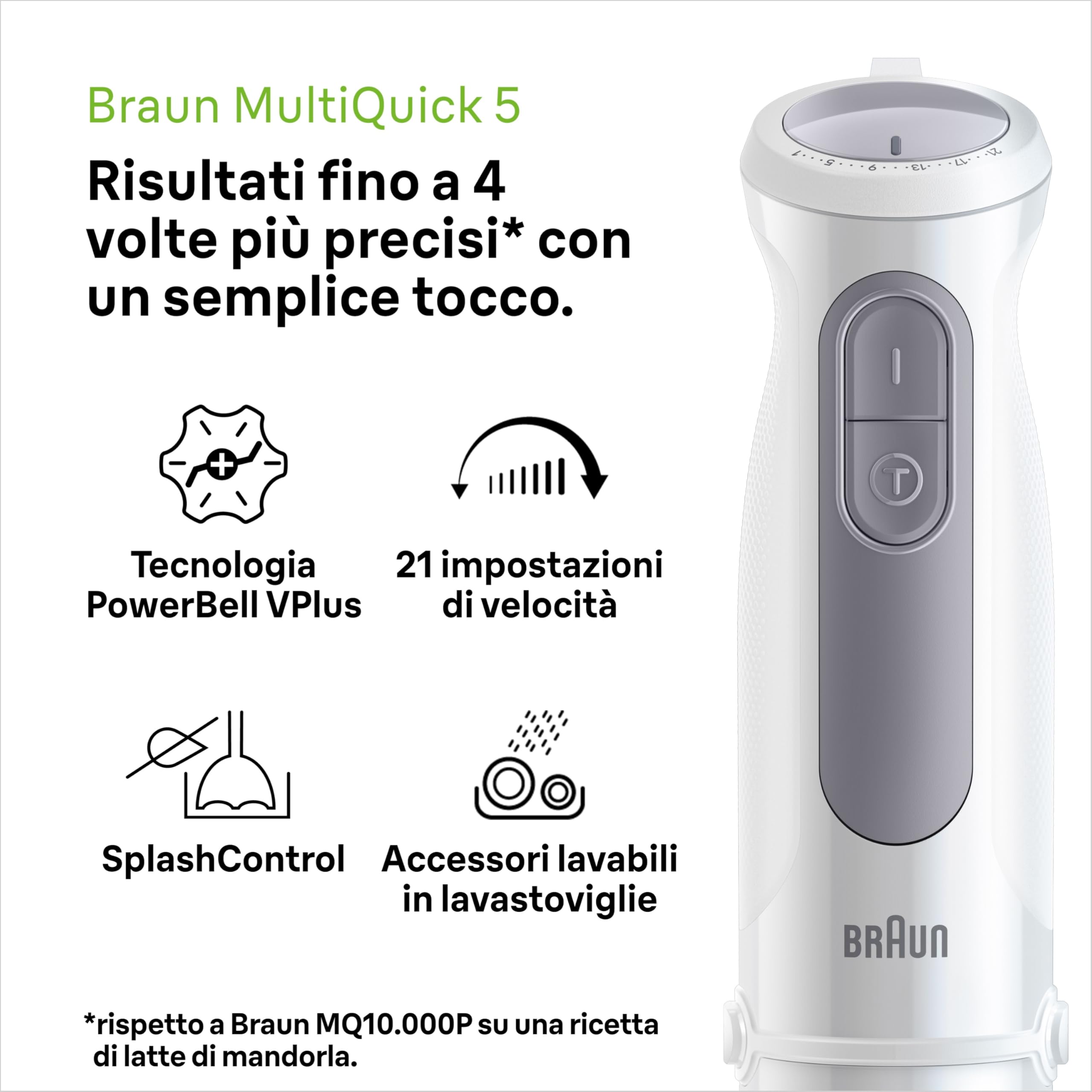 Braun MultiQuick5 MQ50.001M MINIPIMER, 21 Velocità, Tecnologia Tedesca, ECO-SOSTENIBILE PRODOTTO CON PLASTICA RICICLATA, impugnatura ergonomica, Asta in Acciaio, Bicchiere 600ml, Potenza 1000W,Bianco