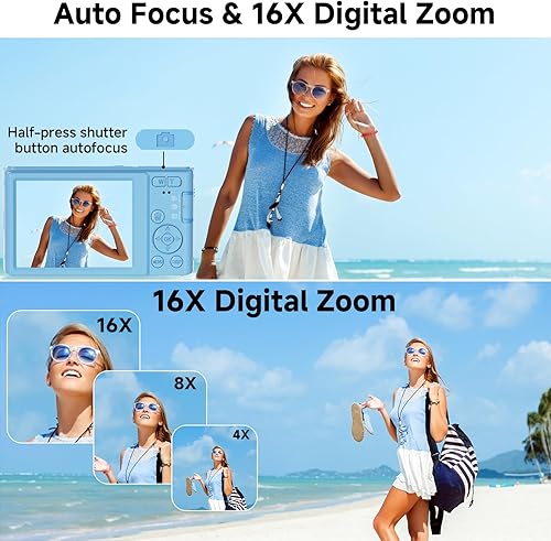 Miniatura 5 de Cámara digital, cámara digital FHD 4K con tarjeta SD de 64 GB, cámara digital de apuntar y disparar de 44 MP, zoom digital 16X, antivibraciones, 3