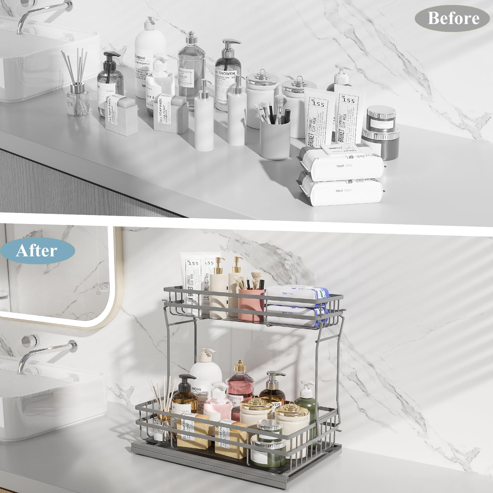 2 Stück Organizer und Aufbewahrung unter der Spüle, 2 Etagen, ausziehbarer Schrank-Organizer, Metallschublade für Küche, Badezimmer, Grau