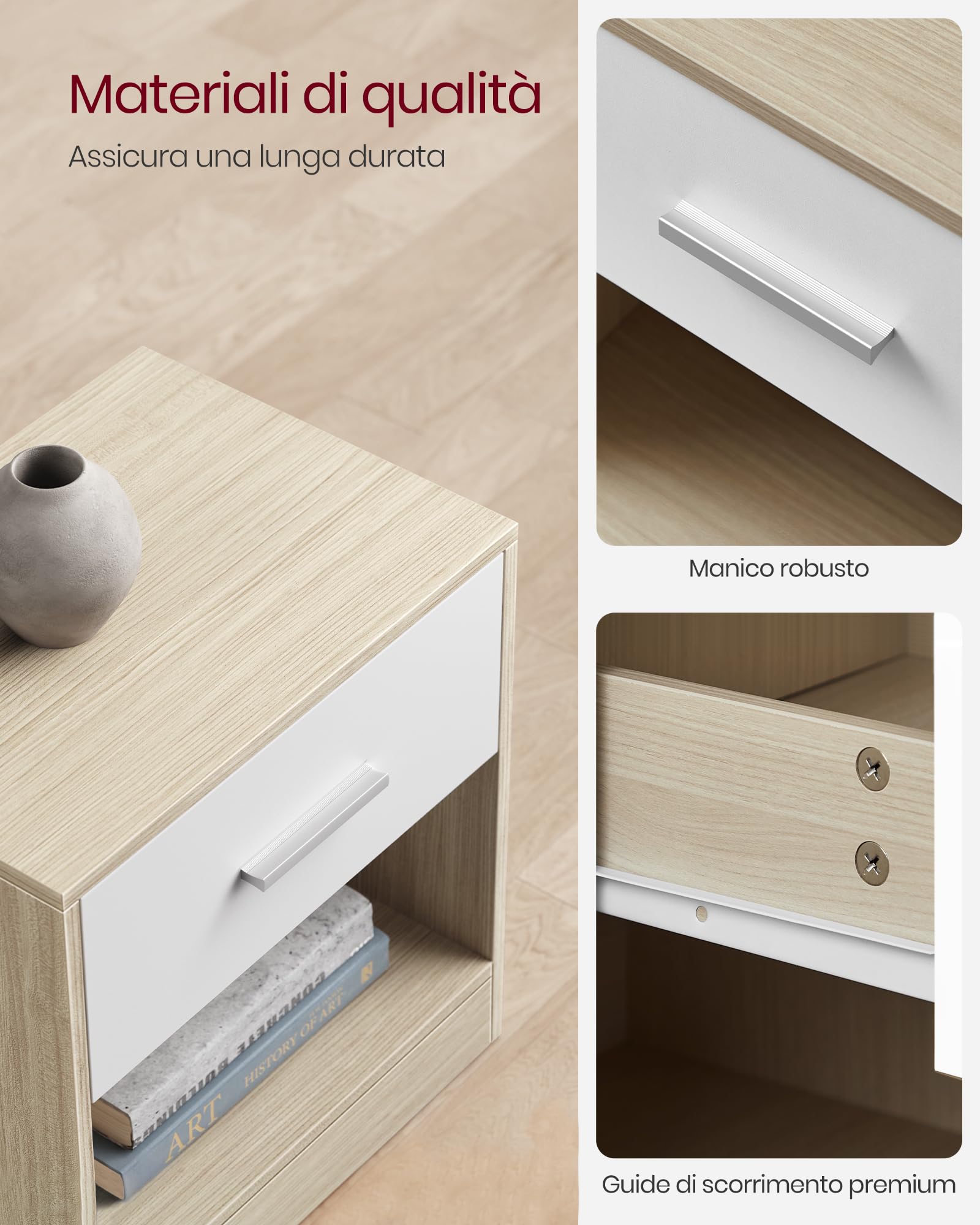 VASAGLE Comodino, Tavolino con Cassetto, Maniglia, Scomparto Aperto, per Camera da Letto, Soggiorno, Beige Naturale e Bianco Classico LET619T67
