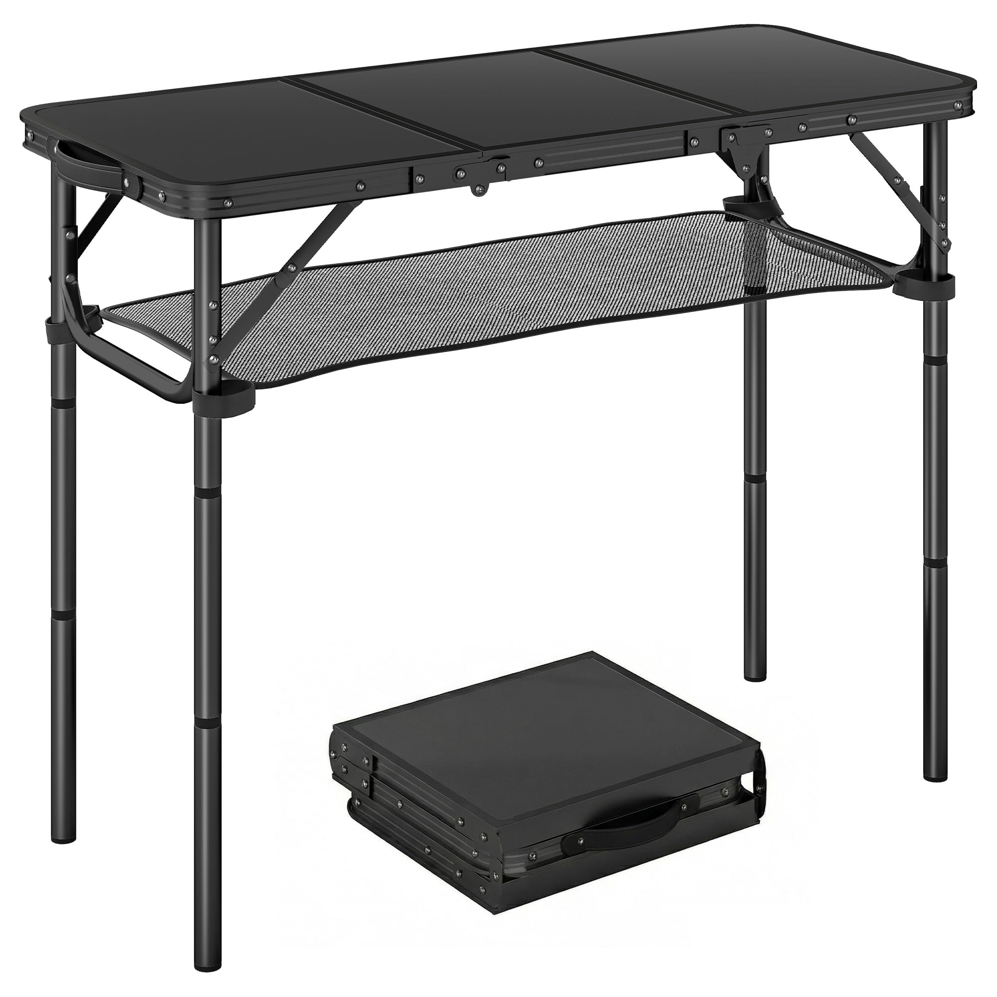 Outsunny 3ft Folding Camping Table, Picnic Table with Mesh Storage Layer, Carrying Bag and Metal Frame, Portable for Garden, Park, BBQ, Black