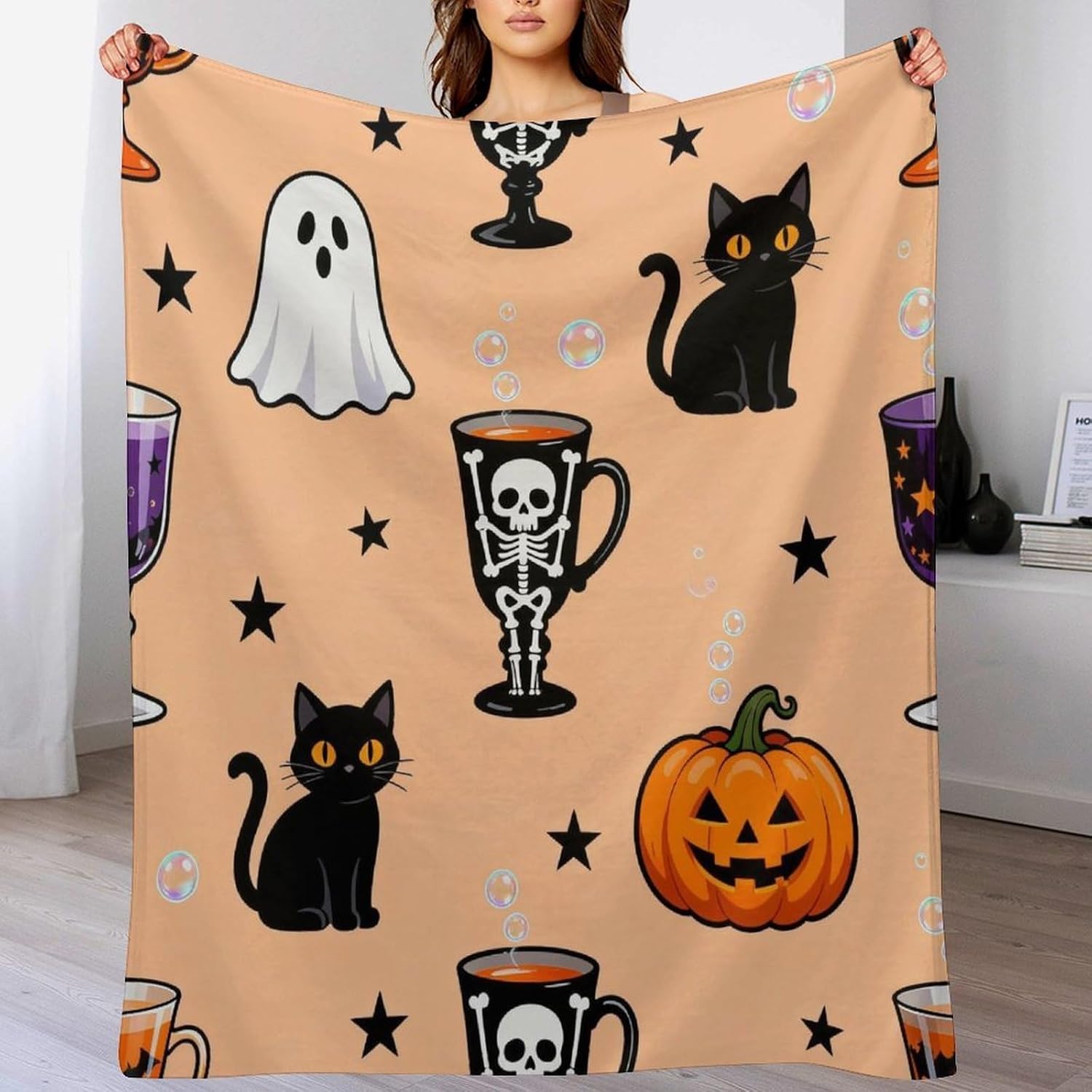 Throw Blanket Halloween Cat Pumpkin Blankets Soft Warm Cozy Flannel Blankets for Couch Sofa Bed Livingroom Travel Home Decor 50"x60"
