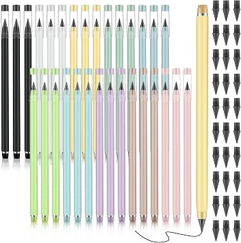 Fuutreo 30 Sets Back to School Inkless Pencil with Eraser Infinite Everlasting Pencil with 30 Replaceable Nibs for Teacher Sketch Drawing Writing Forever Eternal Reusable No Need Sharpened 10 Colors