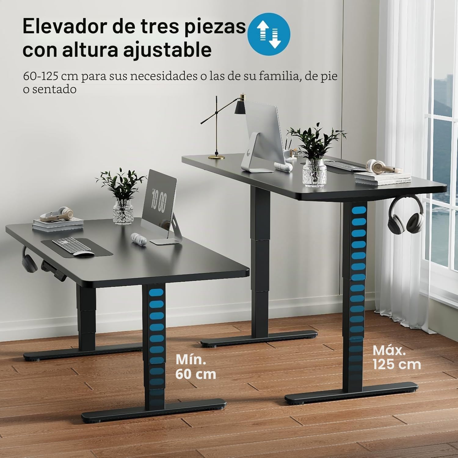 Devoko Estructura de escritorio de 3 niveles de altura regulable con 2 motores fuertes, estructura de mesa regulable en altura eléctrica 60-125 cm, patas de mesa con 3 controles de memoria, color