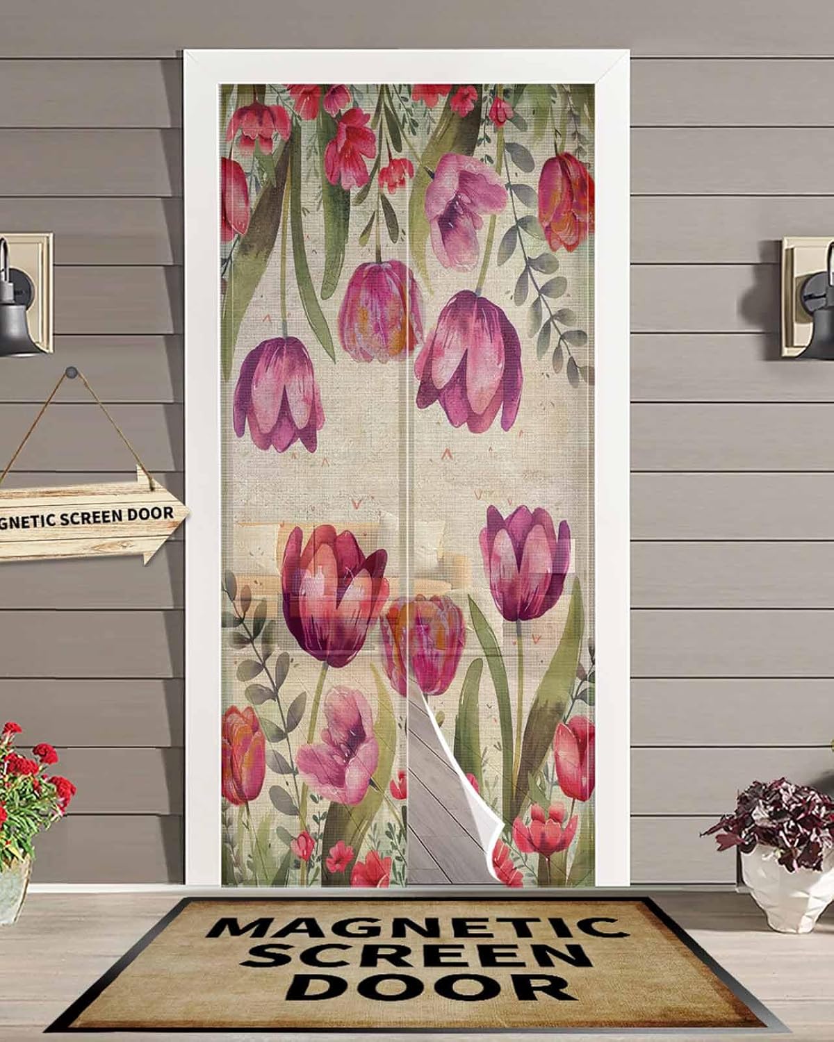 Eucalyptus Floral Magnetic Screen Door, Self Sealing, Hands Free, Windproof Magnet Door Screen Curtains, Fits Door Size 38"x83" Yellow Botanical Blooms Vintage Farmhouse