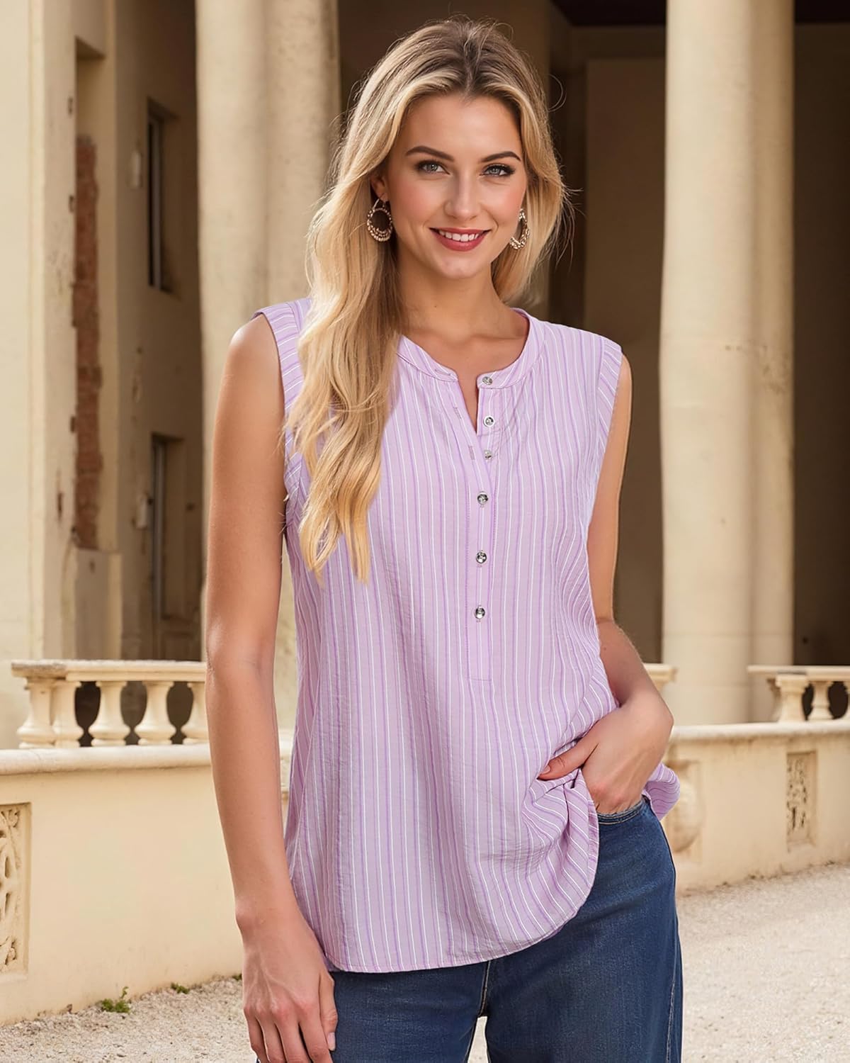 Womens Sleeveless Button Down Shirts Blouses Striped Casual Business Tank Tops Office Work - Image 3