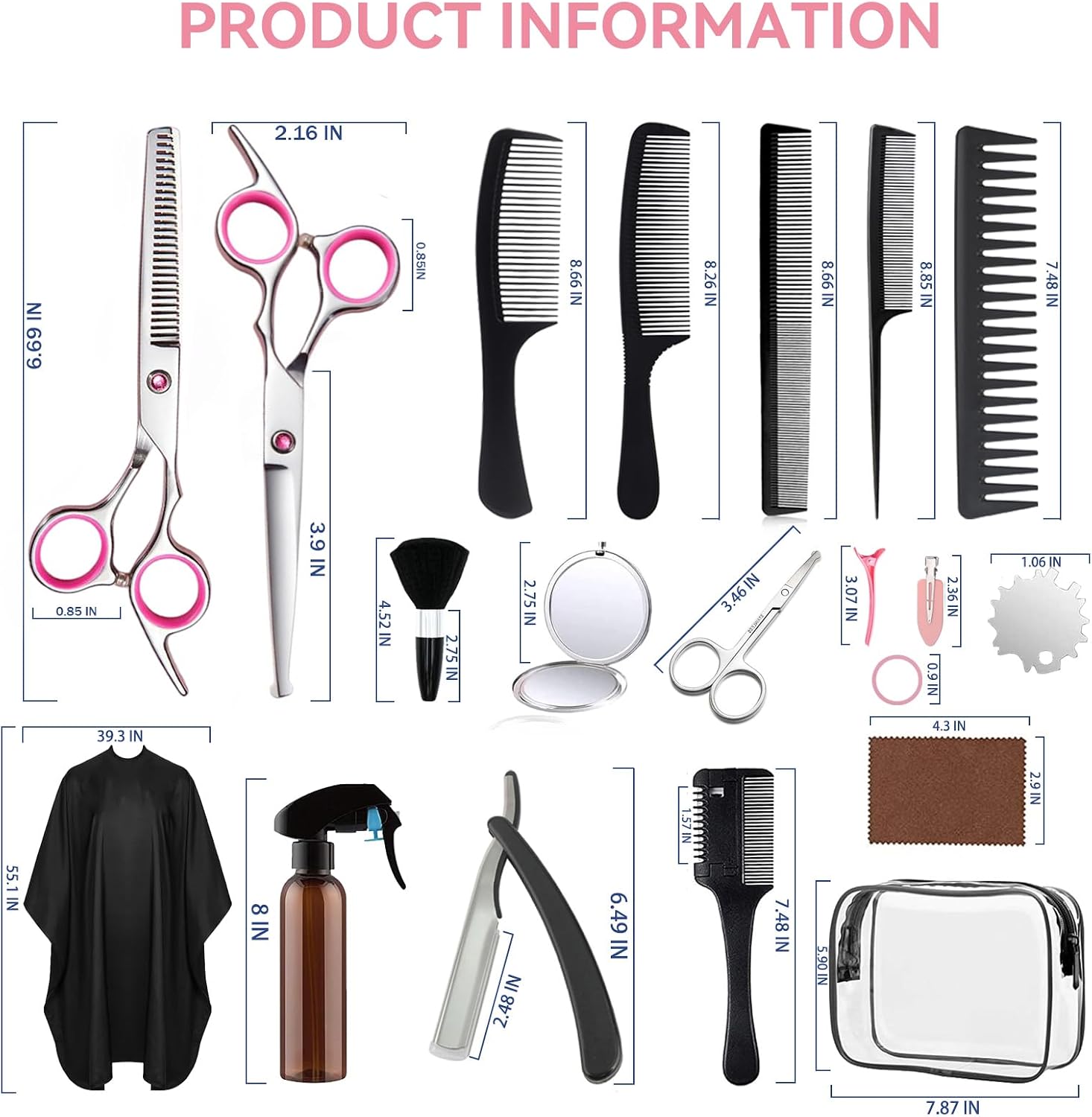 Hair Cutting Scissors Kit,27PCS Professional Stainless-Steel Sharp Barber Professional Hairdressing Shears Set with 6.5 Inch Cutting Scissors,Thinning Shears for Man Woman Adults Kids Home Salon(Pink)