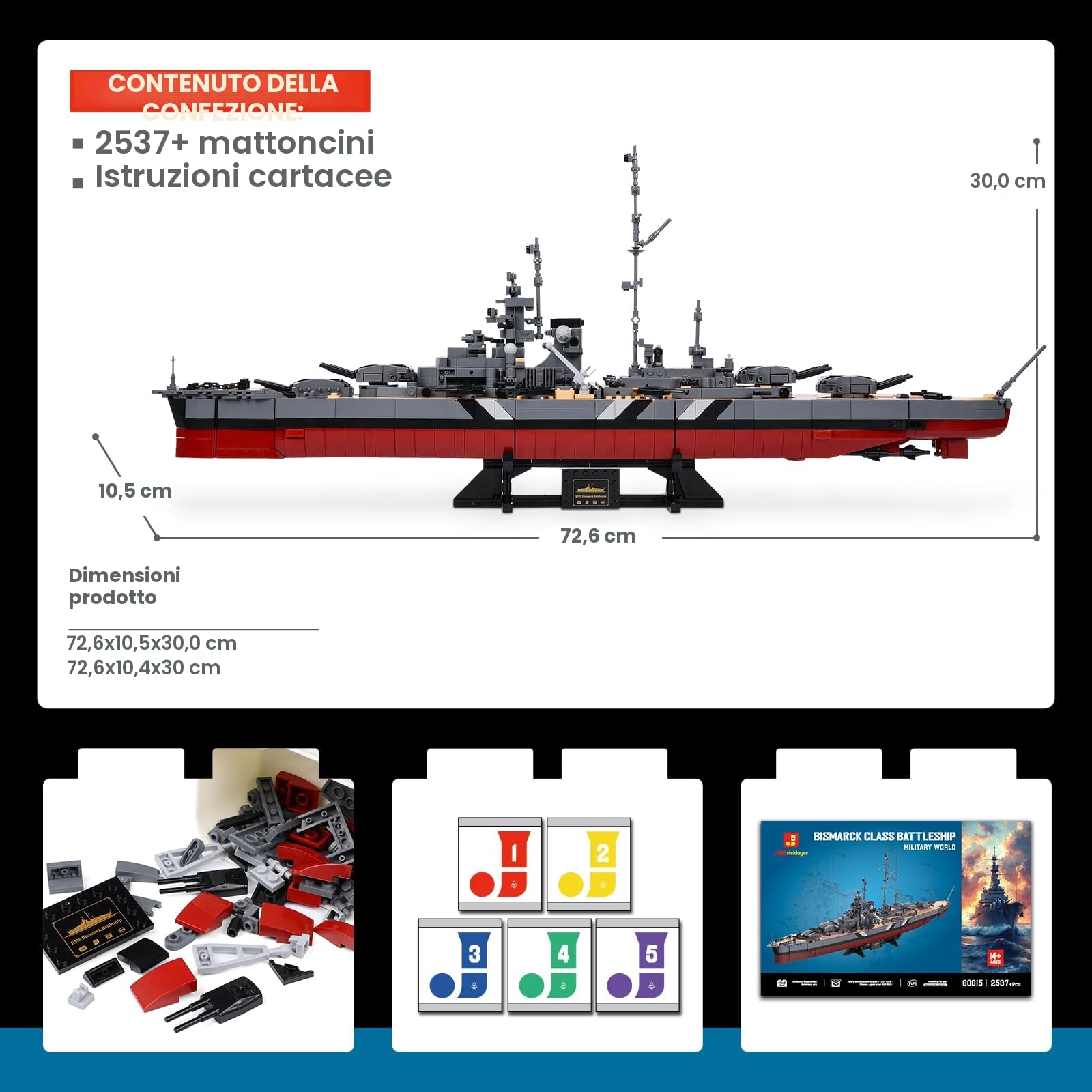 JMBricklayer Bismarck Navale 60015 Modello da Costruzione, 2537 Pezzi Nave WWII per Adulti, Modello MOC da Esposizione, Regalo per Appassionati 14+