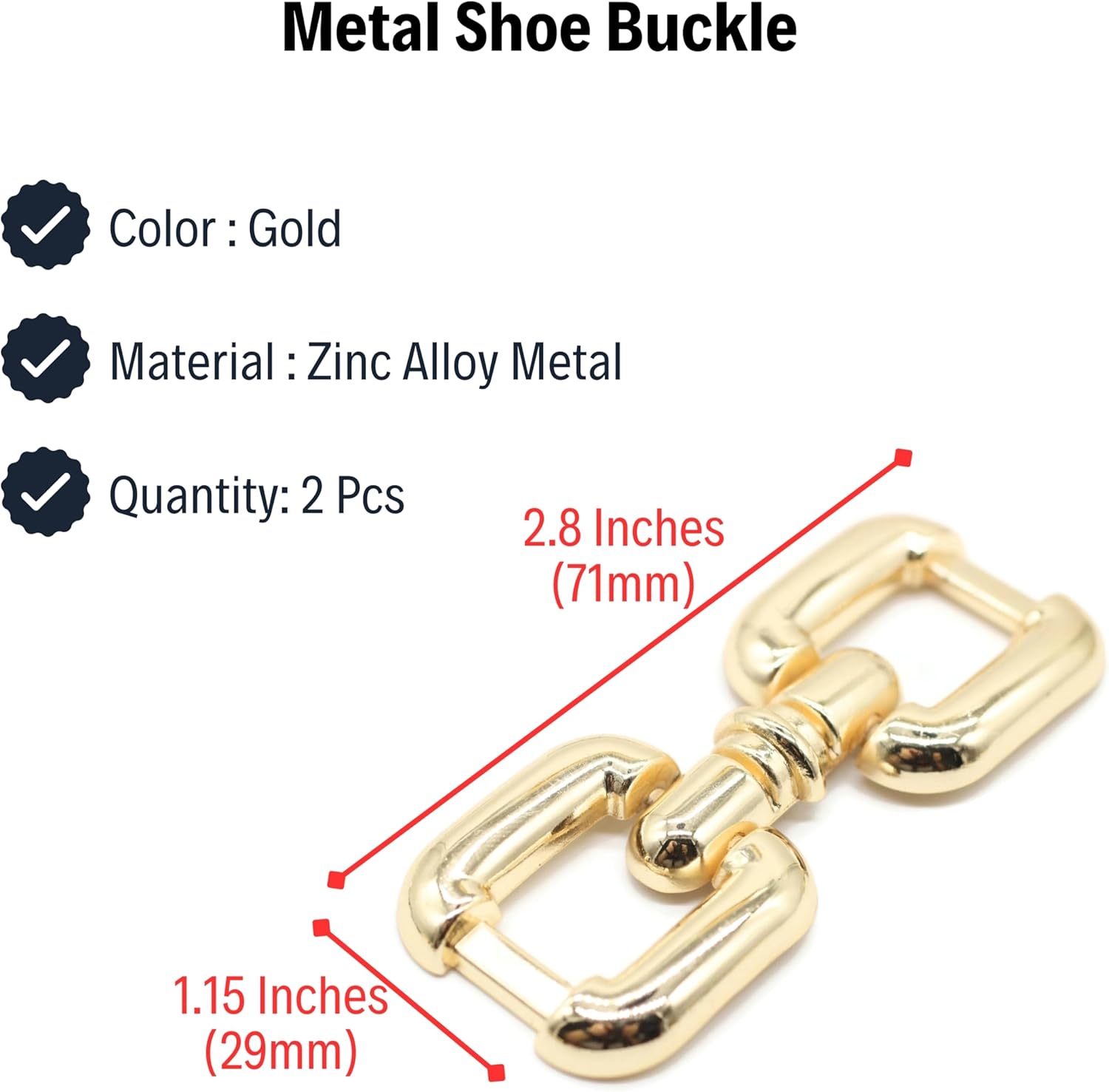 2.8 Inch (71mm) Gold Zinc Alloy Metal Shoe Buckle - 2 Pcs - Vintage, Western Style - Image 3