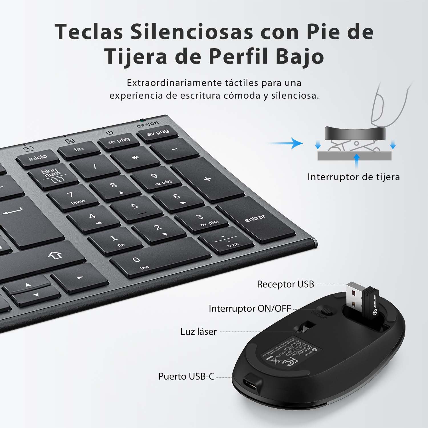 iClever GK03 - Combo de Teclado y Ratón Inalámbricos: QWERTY Español, Conectividad Silenciosa 2.4G, Recargable por USB-C, Diseño Compacto y Delgado - Ideal para iMac/PC/Portátil, Escritura Cómoda