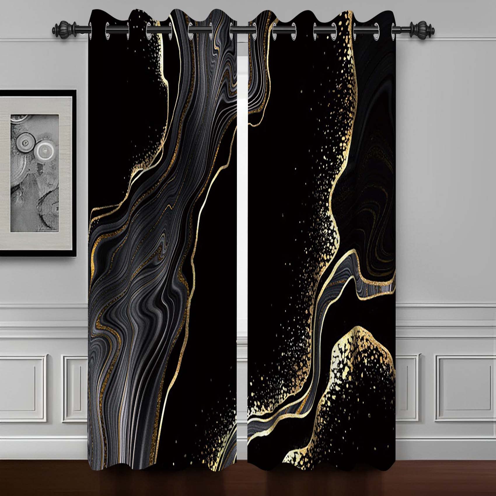 Baocicco Black and Gold Marble Window Curtains for Bedroom - Art Fluid Gold Texture Drapes for Living Room - Modern Luxury Fashion Design Blackout