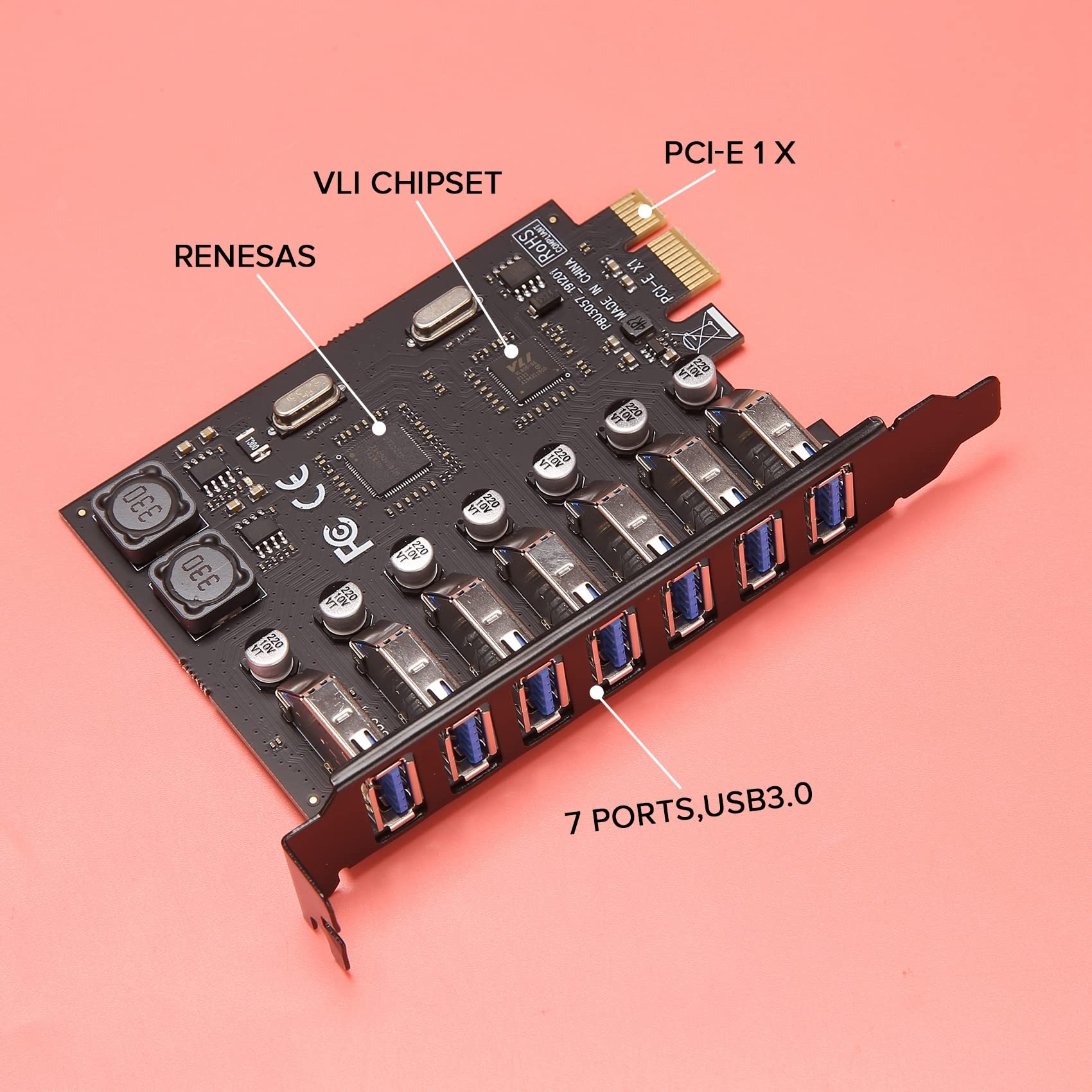 Adaptador de Tarjeta de Expansión USB 3.0 PCI-E Con 7 Puertos - Controlador Externo Extensor Para Escritorio