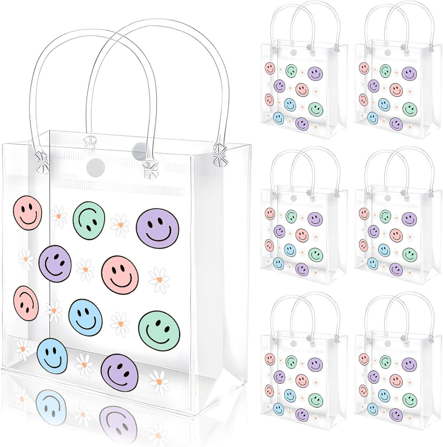 FYSUIMU 12 Pcs Boho Smile Face Clear PVC Gift Bags Colored Happy Face Daisy Flower Party Favor Bags with Handle Preppy Treat Tote Bag for Birthday Baby Shower Holiday