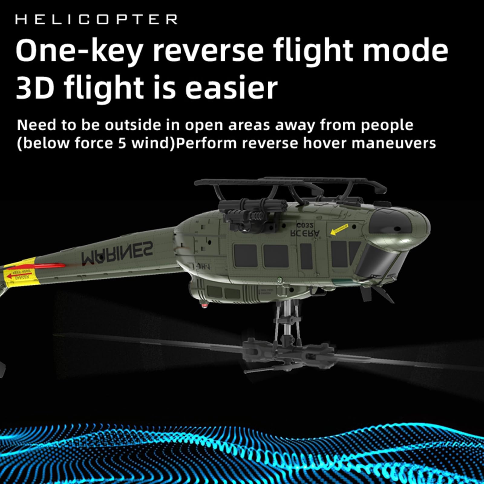 C032 UH-1 Huey Elicottero telecomandato, 1/48 Scala Flybarless Stunts RC Elicottero per adulti con 2 batterie Posizionamento del flusso ottico Regalo per gli appassionati militari RTF(Yellow)