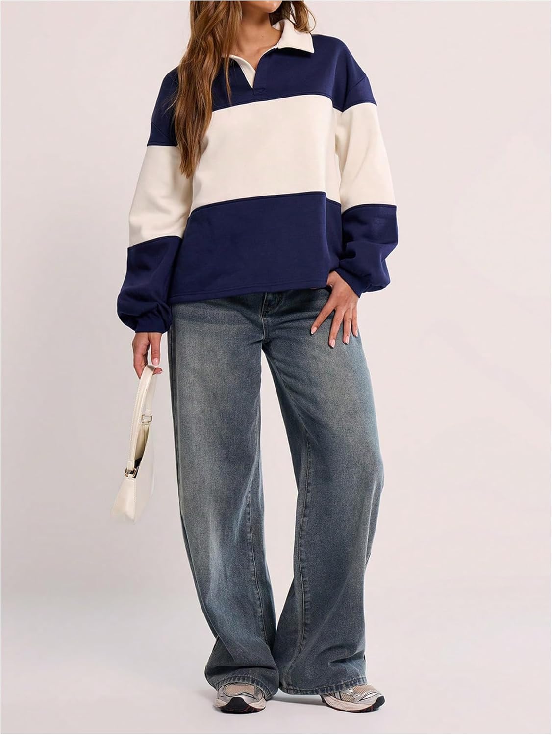 Milumia Women's Striped Color Block Long Sleeve Sweatshirt Collared Loose Fit Pullovers - Image 4