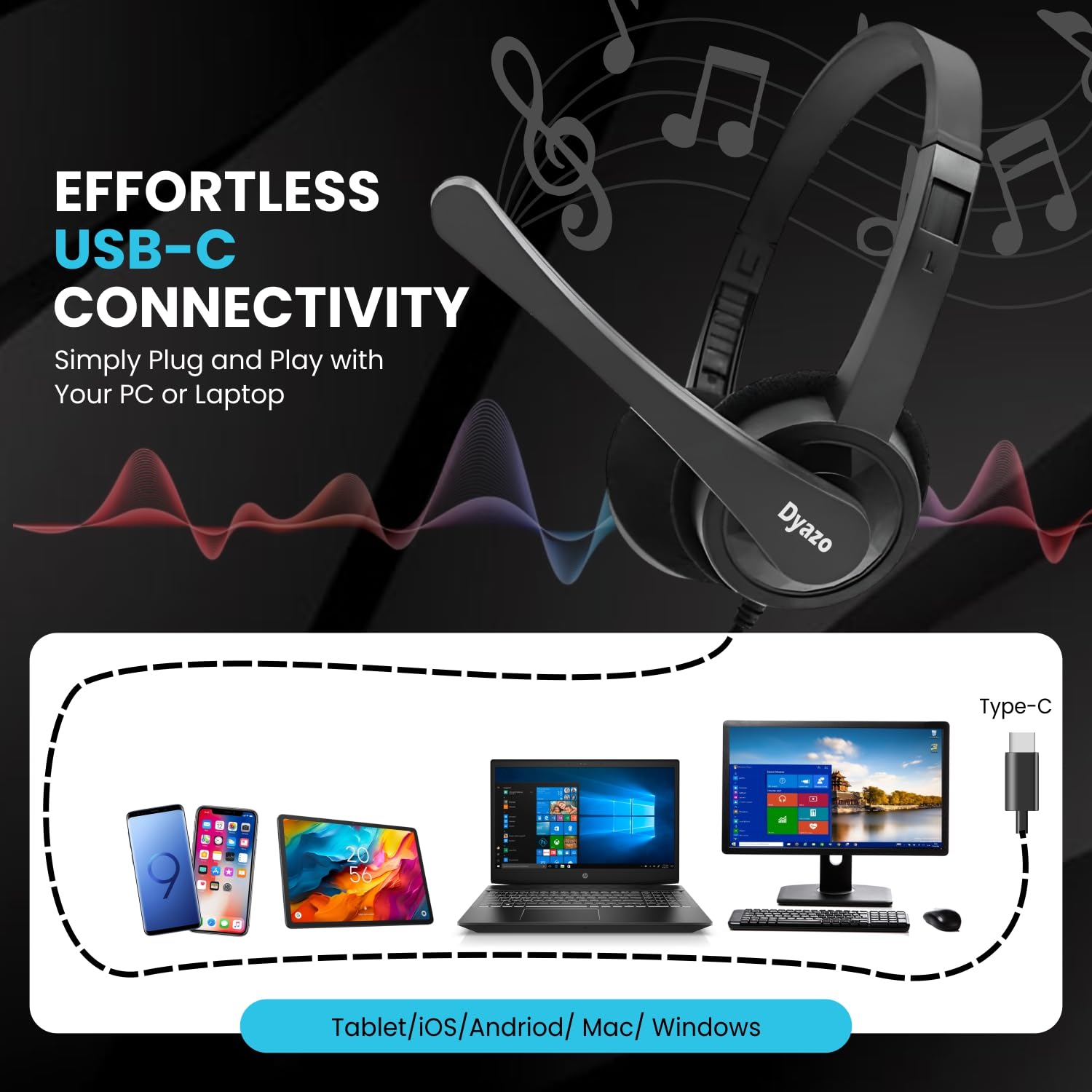 Dyazo Type C Wired Headphones with Mic | Lightweight On Ear Headset Compatible for PC, Mobile Phones, Laptop & MacBook | Comfortable Fit | Ideal for Office, Calls & Online Meetings (Black) — Amazon image 3