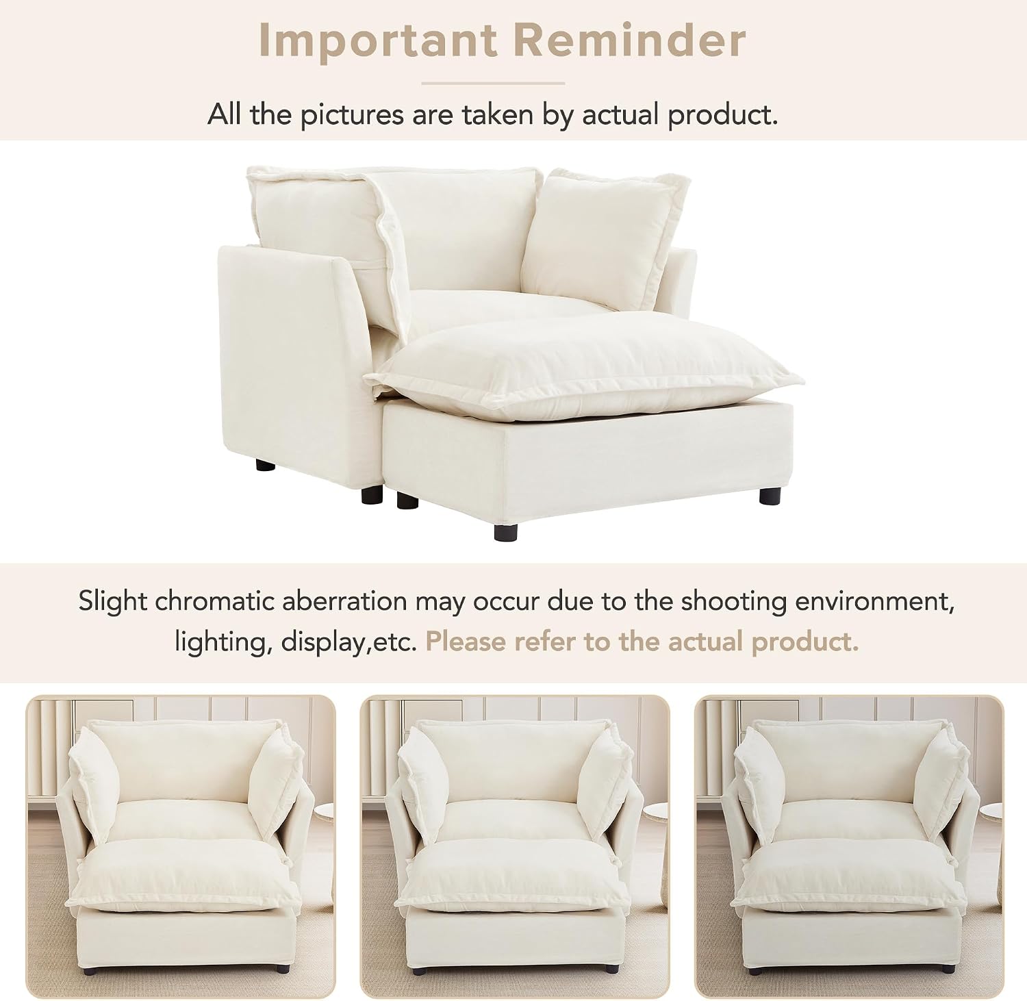 P PURLOVE Modern Armchair Sofa with Movable Ottoman and Wide Seat, 47" Cozy Upholstered Sofa Chair with Curved Armrests and Soft Pillows for Living Room and Bedroom (Beige)