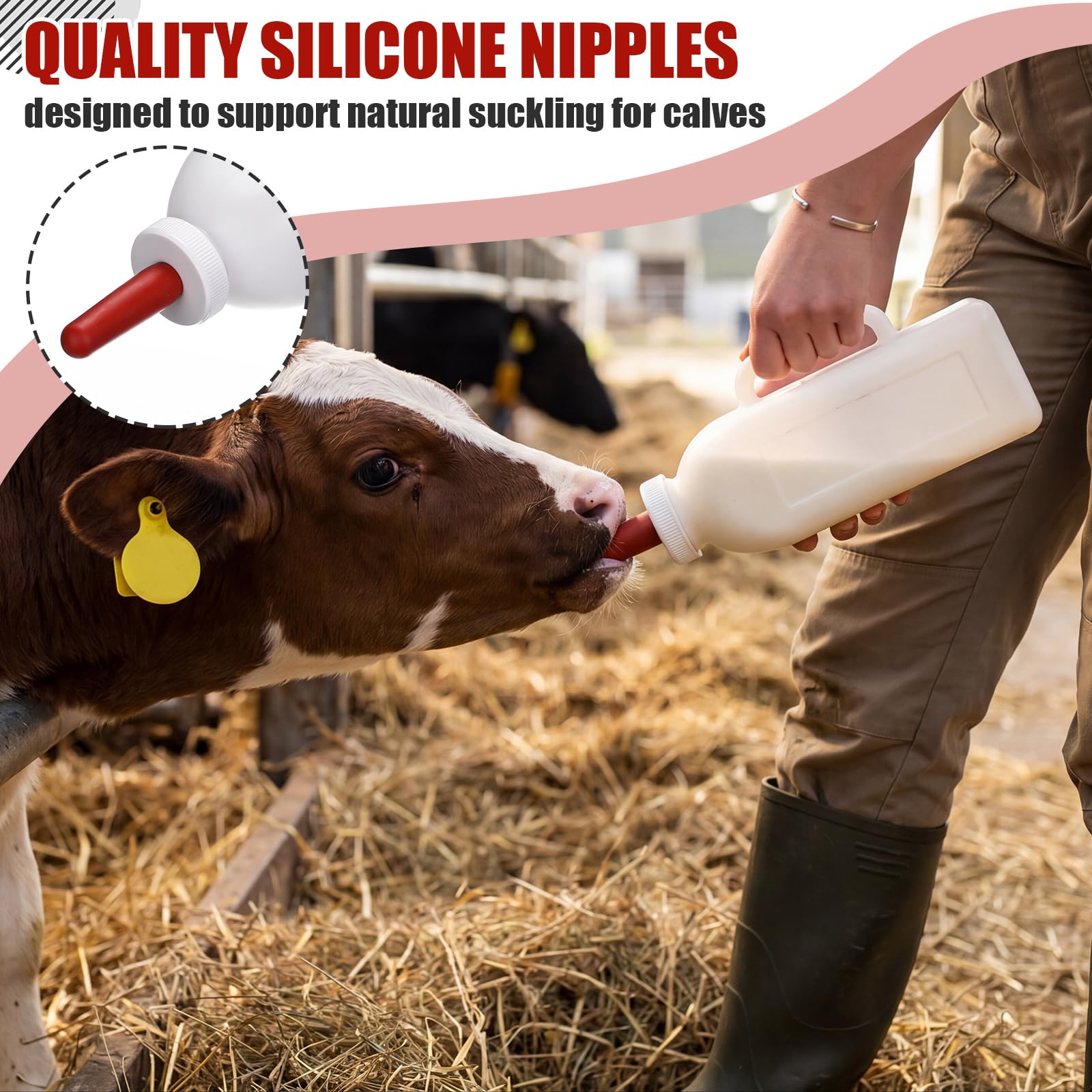 3 juegos de biberones para terneros con tetinas de silicona de repuesto, olla de alimentación de leche duradera con asa para pantorrillas, suministros de lactancia para ganado (2 L)