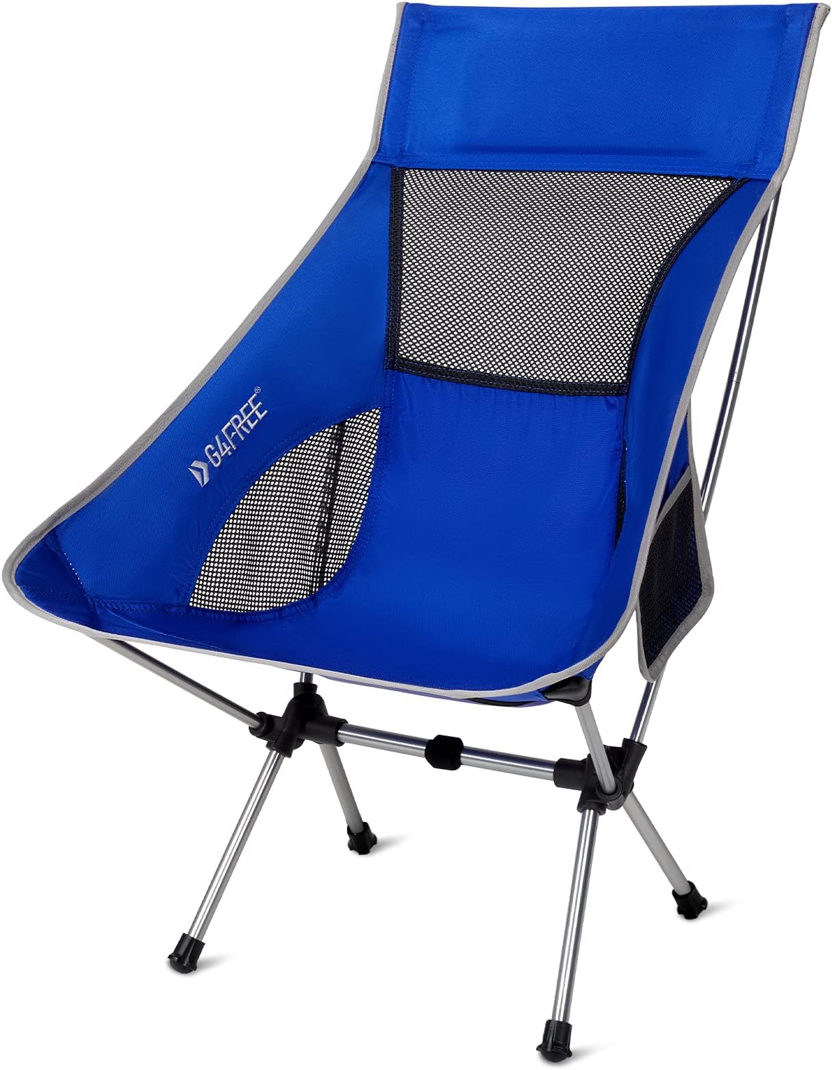 G4Free Portable Camping Chairs Medium Size with Headrest, Lightweight Backpacking Chair with Carry Bag and Side Pouch for Outdoor Picnic Beach Medium Back Blue