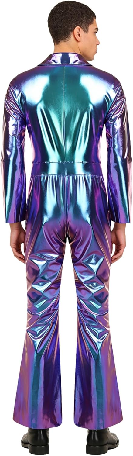 Mens Shiny Metallic Disco Party Jumpsuit Full Body Bodysuit Flare Pants Bell-bottoms Hippie Rompers