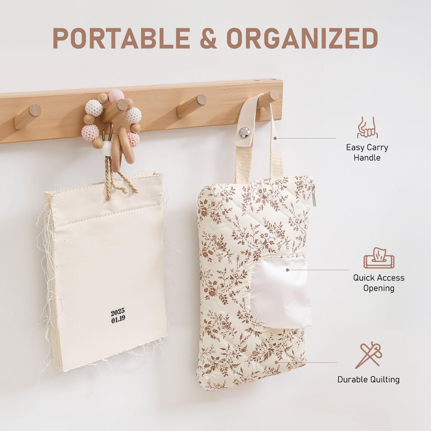 Wipe Holder Floral Diaper and Wipes Pouch Portable Hanging Wipes Bag for Car, Resuable Wet Wipe Pouch for Travel & Outdoor, Beige - 4