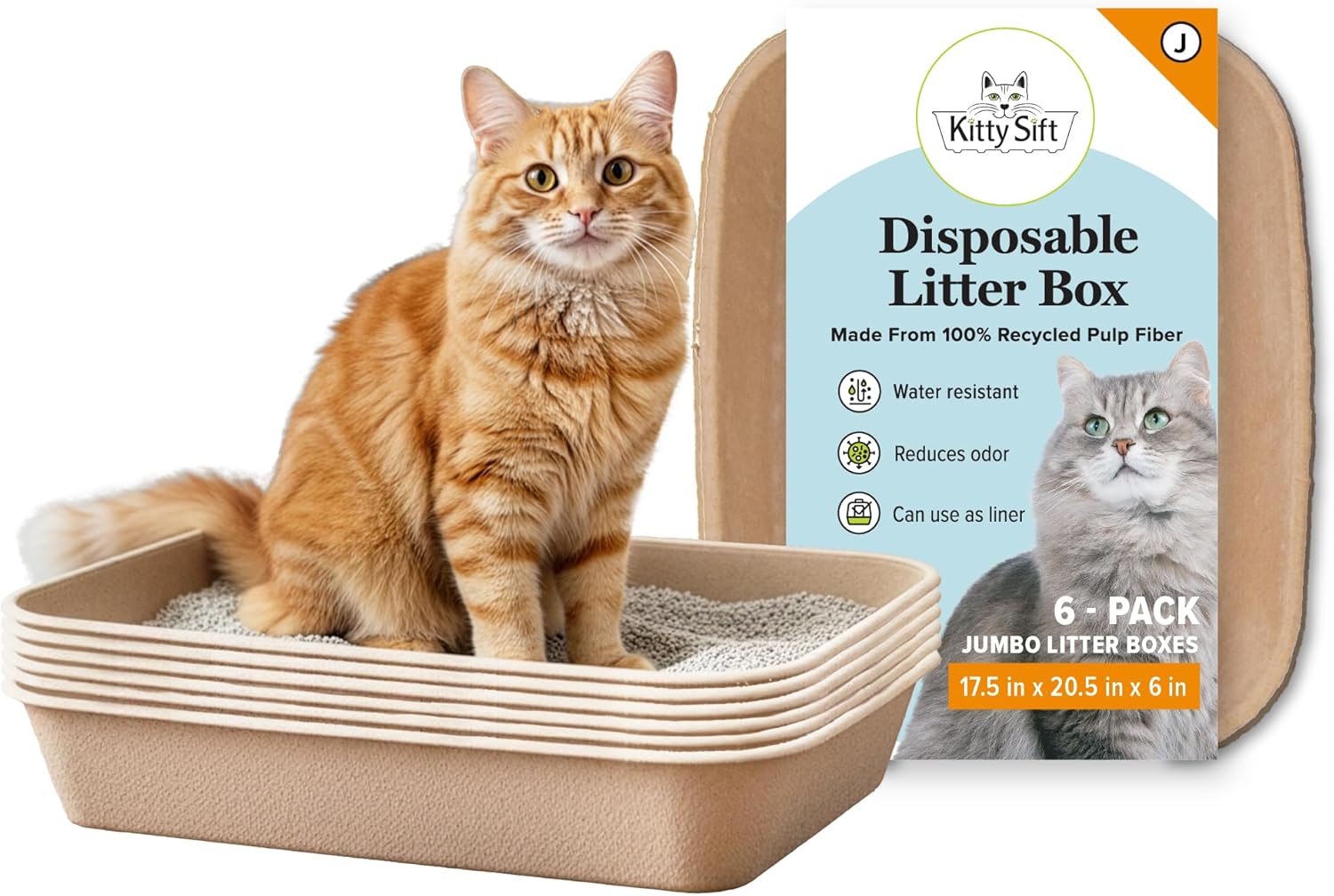 Kitty Sift Disposable Cat Litter Box, Jumbo, 6 Count, Durable Portable for Travel and Home, Eco-Friendly Disposable Litter Box Controls Odor for Cats and Kittens