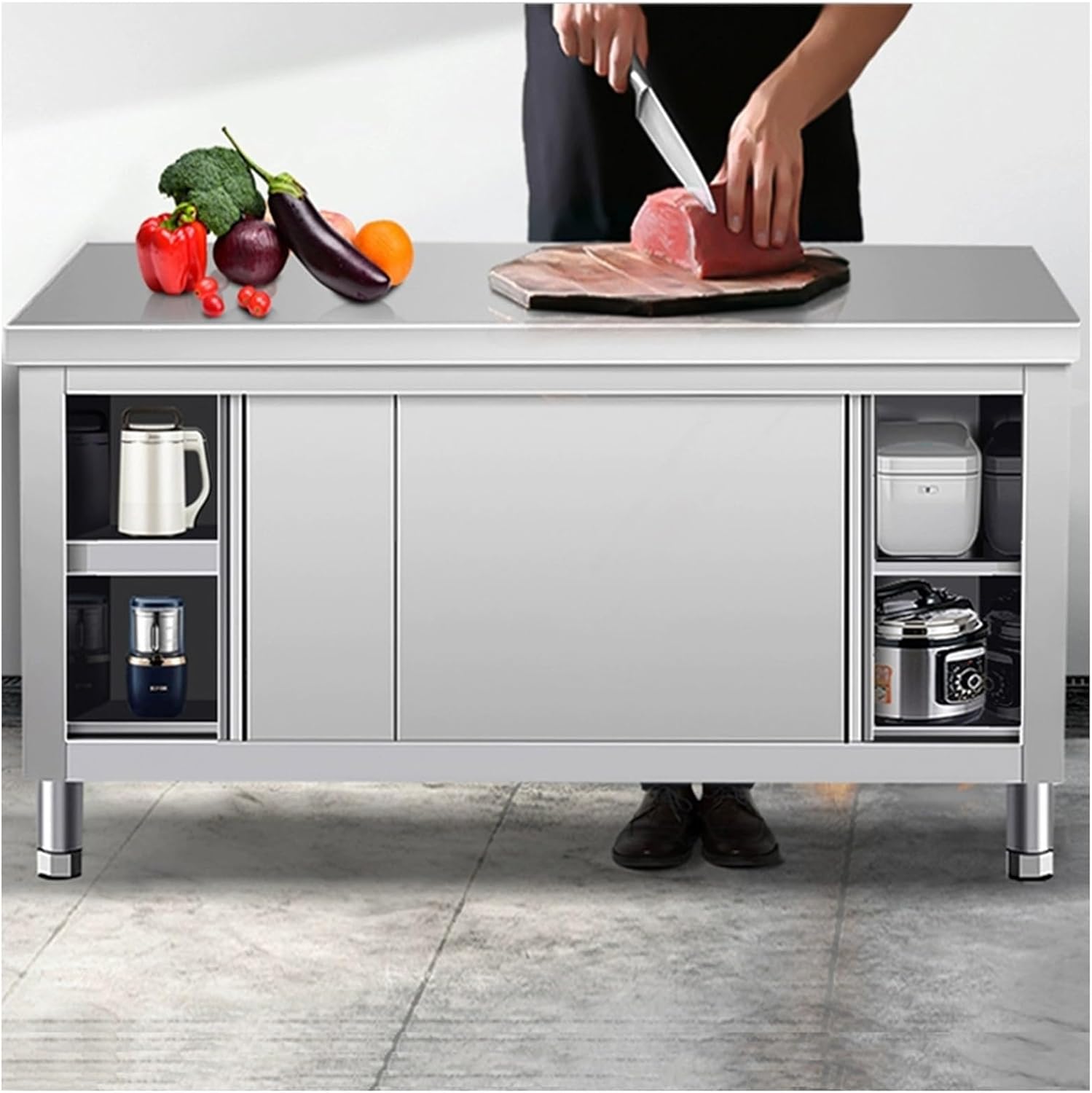 Stainless Steel Workbench Multifunctional Workbench Commercial Kitchen Prep Table Workbench Sliding Door Metal Table