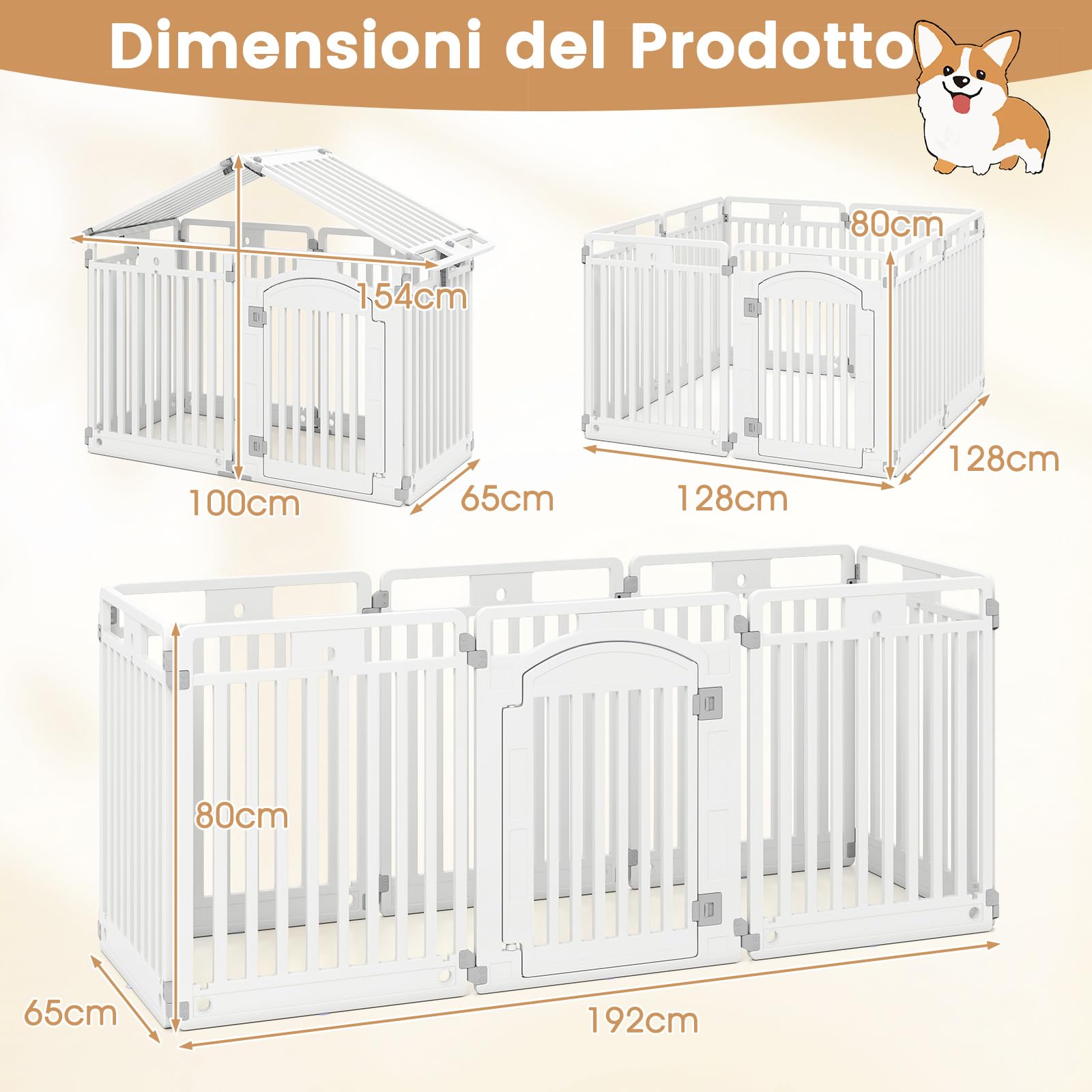 COSTWAY Pannello in Plastica per Cani a 8 Pannelli, Recinzione Portatile per Animali Domestici, Cancello Pieghevole con Porta di Sicurezza con Serratura per Cani, Recinto Pieghevole, 192 x 65 x 80 cm