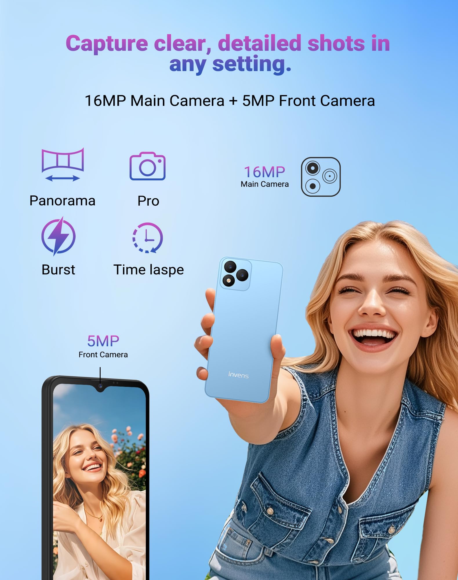 invens NOTE TK01 Android 12 4G Smartphone,16MP+5MP Camera, 4+32GB/256GB, 6.6" HD+ Display, 4250mAh Battery, Dual SIM, Face Unlock, OTG/GPS Unlocked Mobile Phone-Dark Blue — view 7