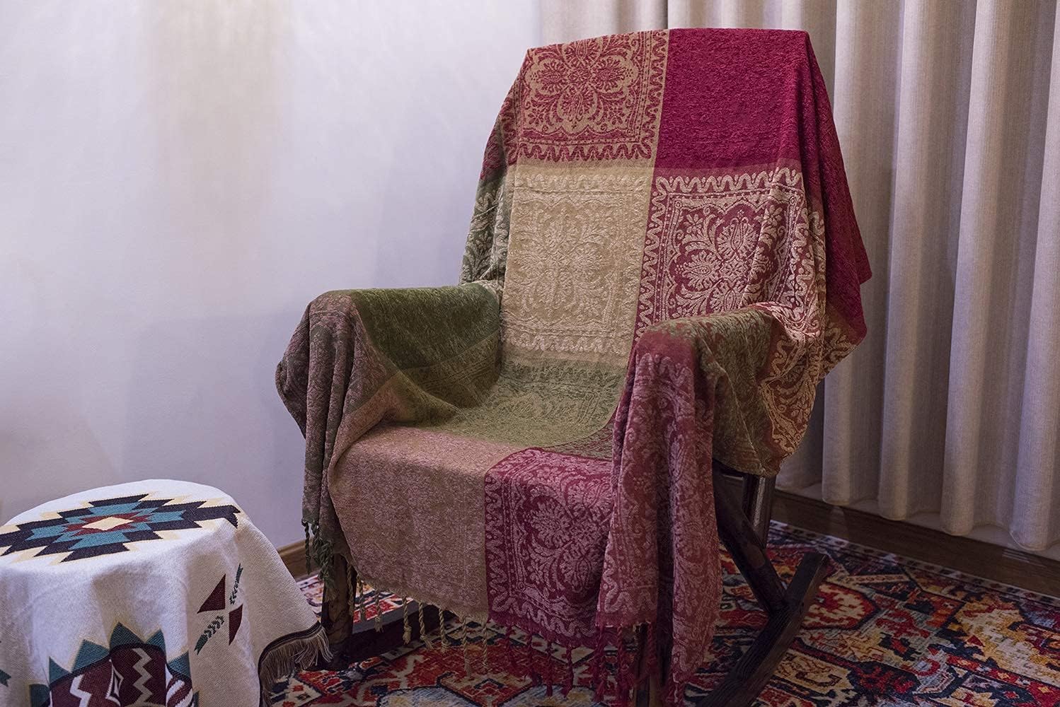 AIVIA Boho Sofa Couch Throw Blanket Futon Slipcover, Recliner Chair Throws Sofa Cover Colorful Chenille Woven Bohemian Decor - 60" x 75" Green Wine Red