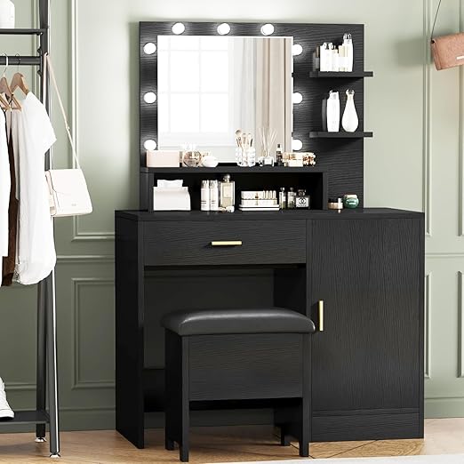 Black Vanity Desk, Makeup Vanity Table with Mirror & 9 LED