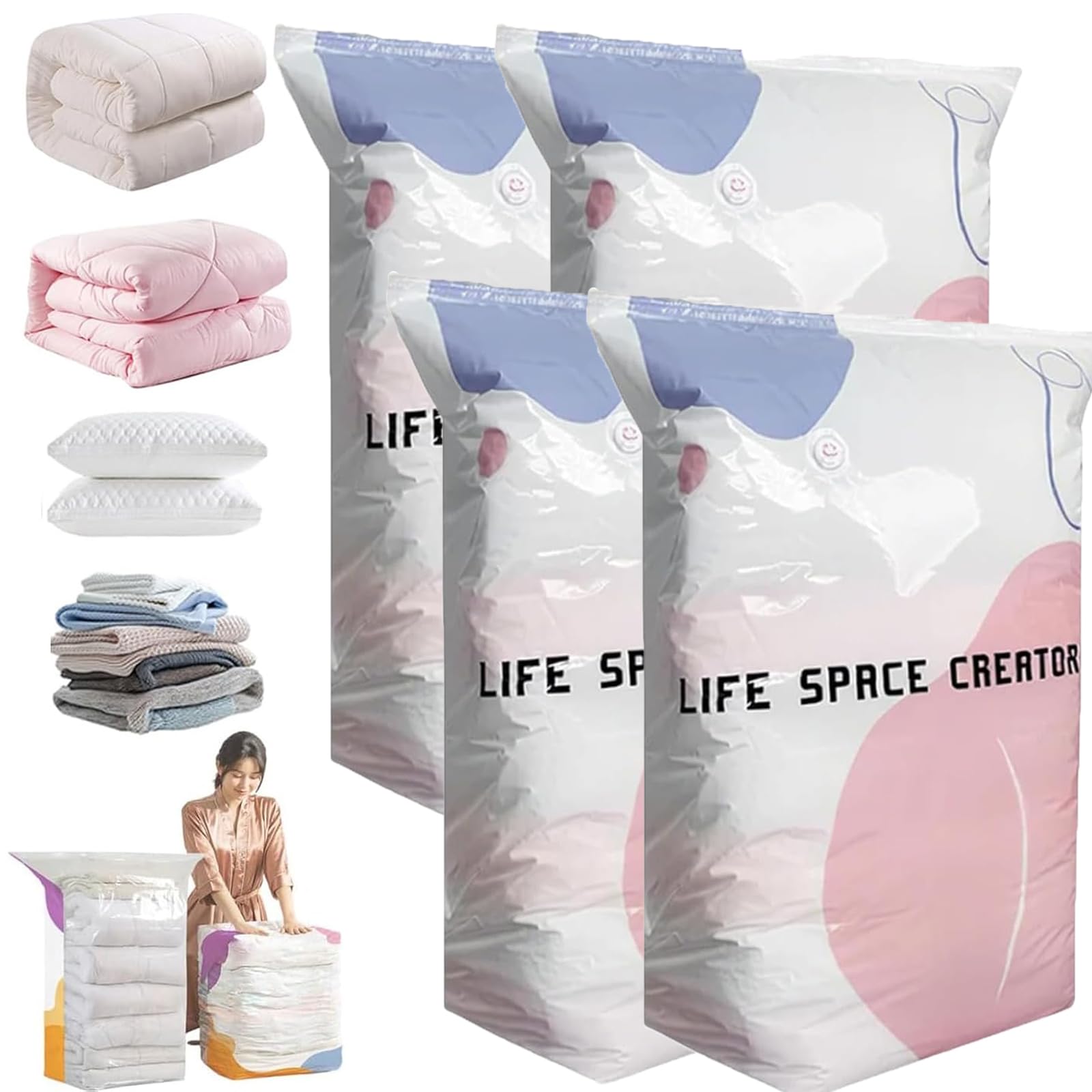 Large No-Pump 3D Vacuum Storage Bags 3-Sec Fast Compression, Press & Seal Roll-Up Compression Bags, Thickened Reusable Space Saver for Clothes, Duvets, Bedding & Travel (4L)