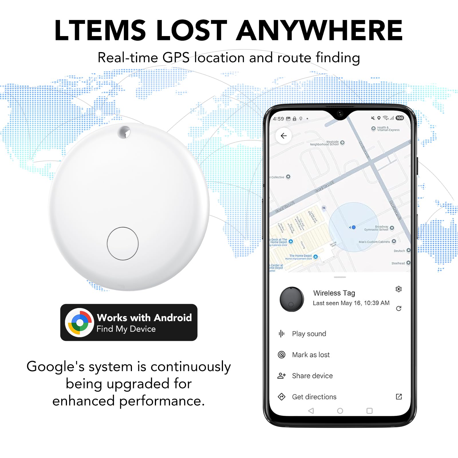 Android Smart Tag, Tracker con Google's Find Hub (Solo Android), IP68 Impermeabile, Bluetooth Localizzatore con Custodia Protettiva, Trova Oggetti per Chiavi/Bagagli/Portafogli, 4 Bianco