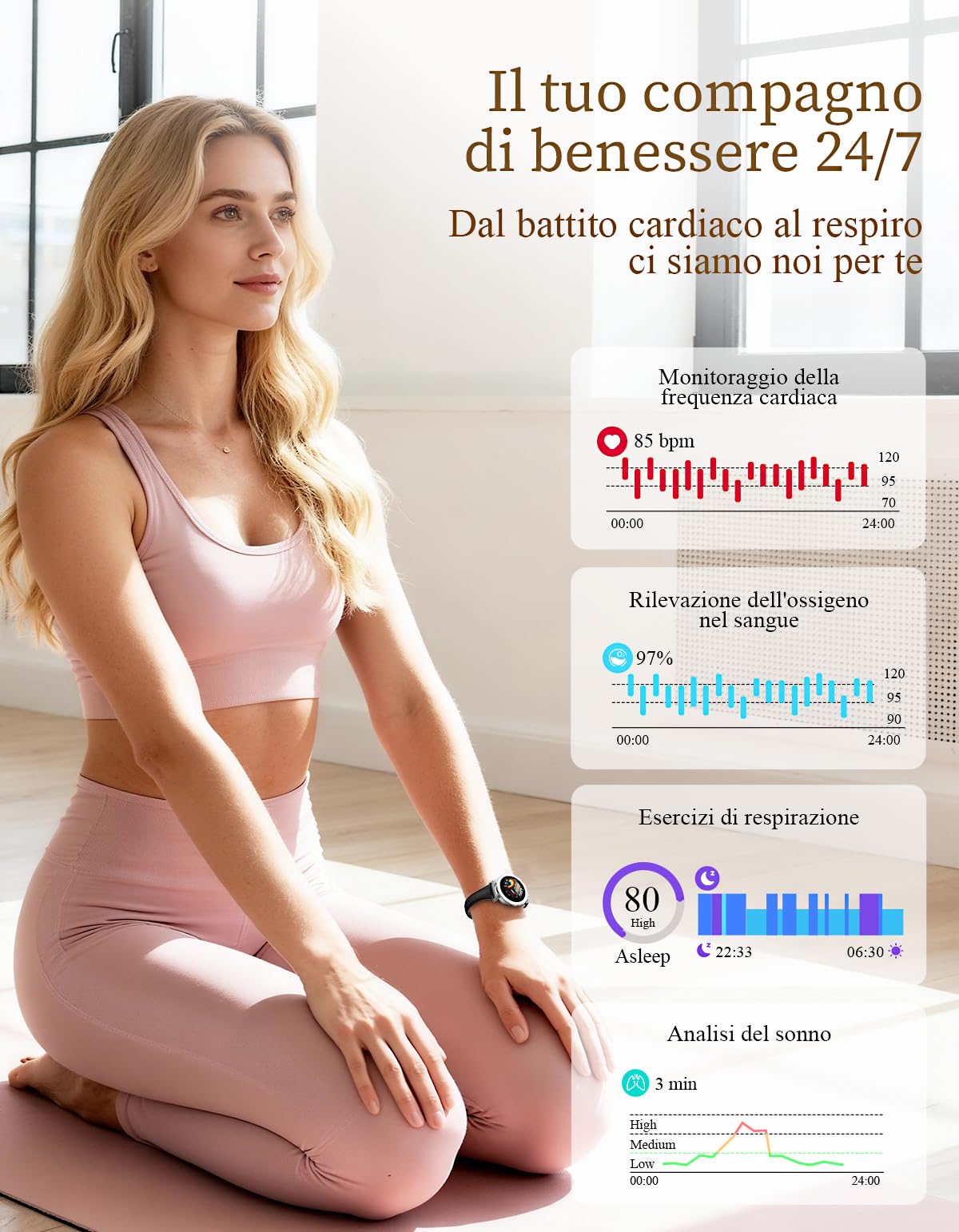 Smartwatch Donna - Elegante in Piccolo con Display AMOLED 1,19" Cinturino in Pelle Sottile, Orologio Fitness con Contapassi, Cardiofrequenzimetro/SpO2/Sonno per iOS/Android, Argento/Nero